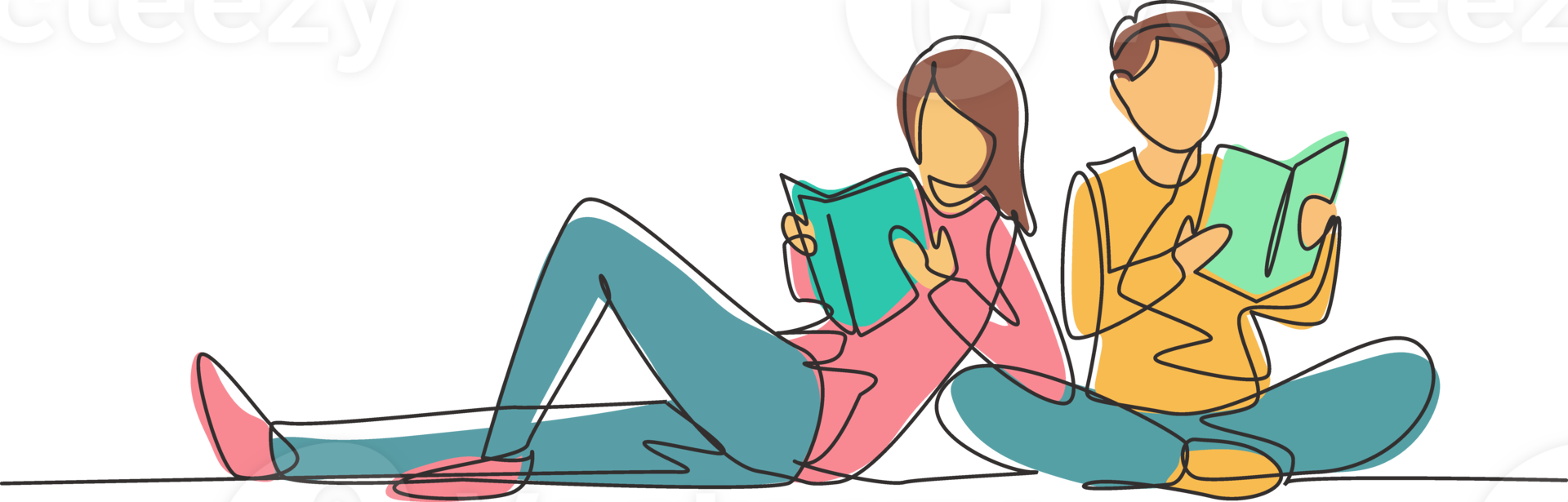 Continuous one line drawing student woman and man reading together, learning and sitting at park. Literature fans or lovers, education concept. Single line draw design graphic illustration png