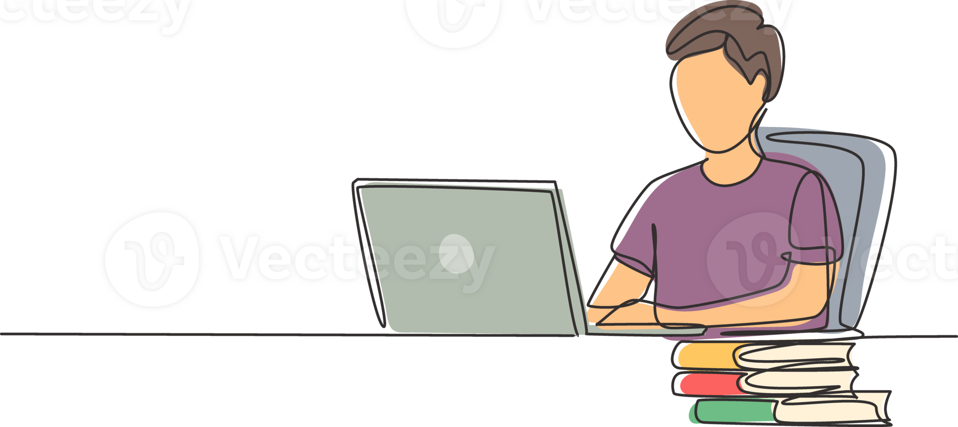 Single one line drawing young man studying with laptop and pile of books. Back to school, intelligent student, online education concept. Modern continuous line draw design graphic illustration png