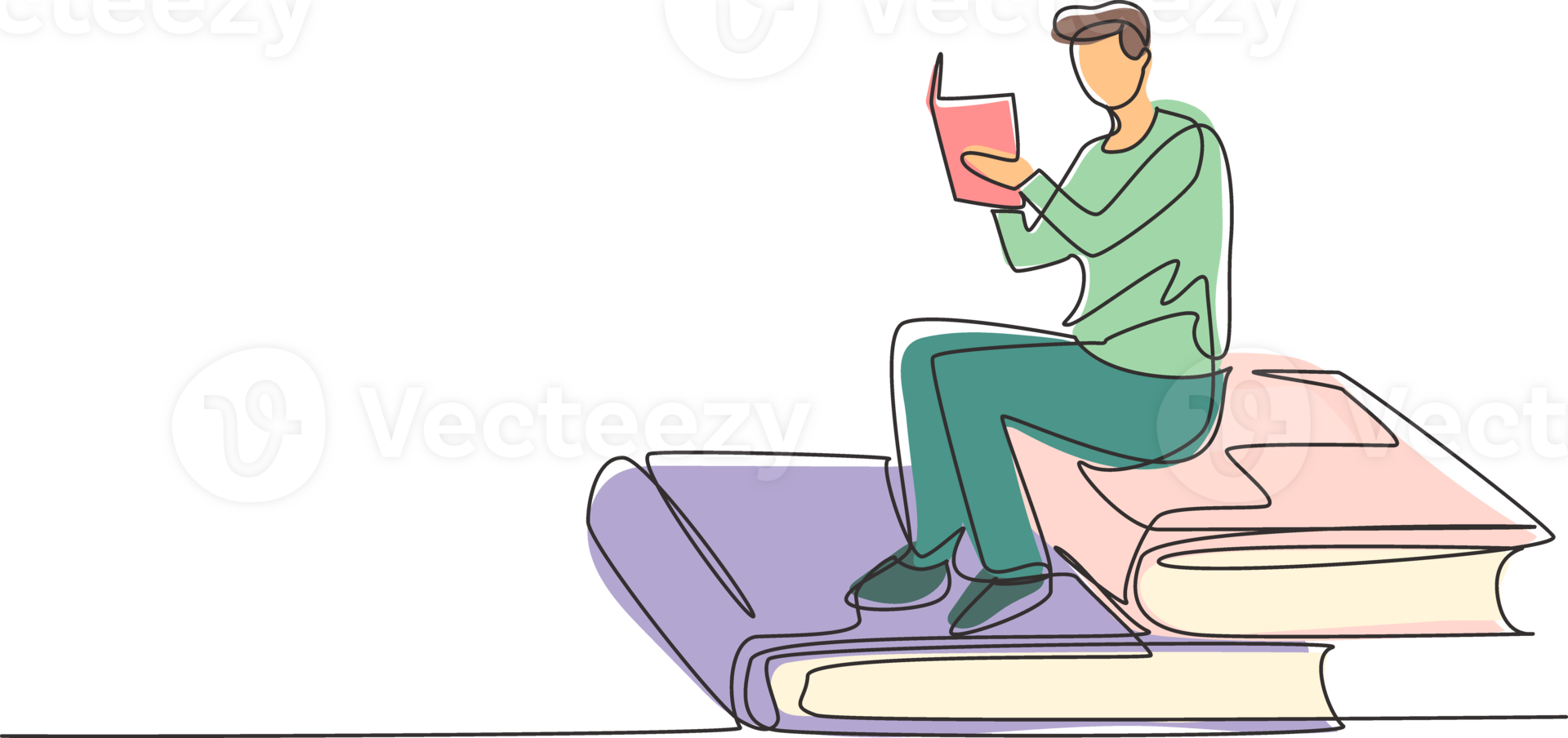 Continuous one line drawing young man reading, learning and sitting on big books. Study in library. Literature fans, student, education concept. Single line draw design graphic illustration png