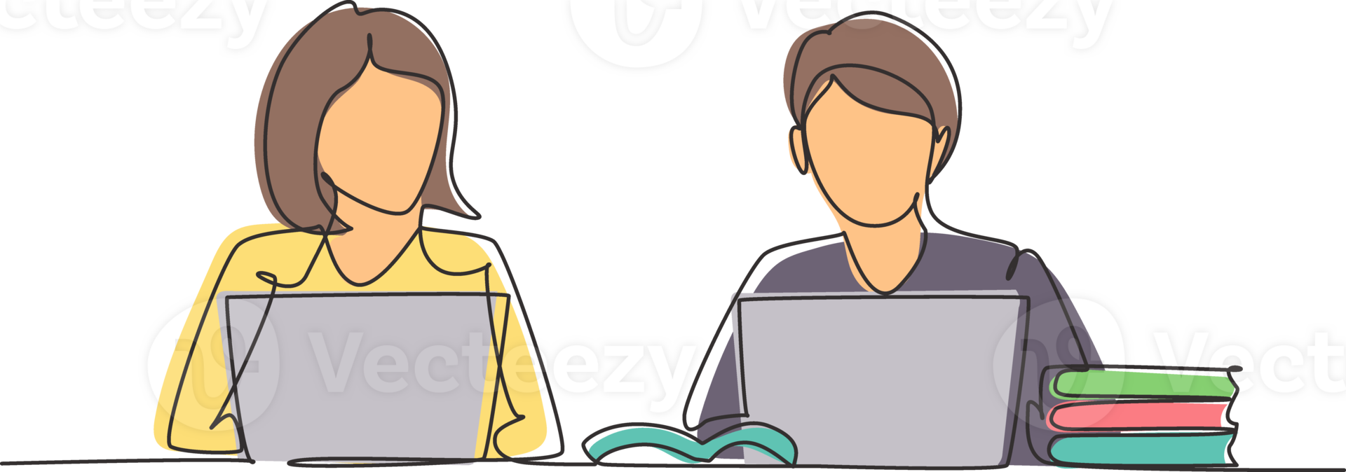 Continuous one line drawing two young woman studying with laptop and pile of books. Back to school, intelligent students, online education concept. Single line draw design graphic illustration png