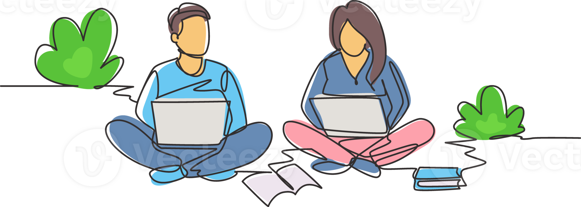 Single one line drawing couple with laptop sitting at the park together. Freelance, distance learning, online courses, studying concept. Modern continuous line draw design graphic illustration png