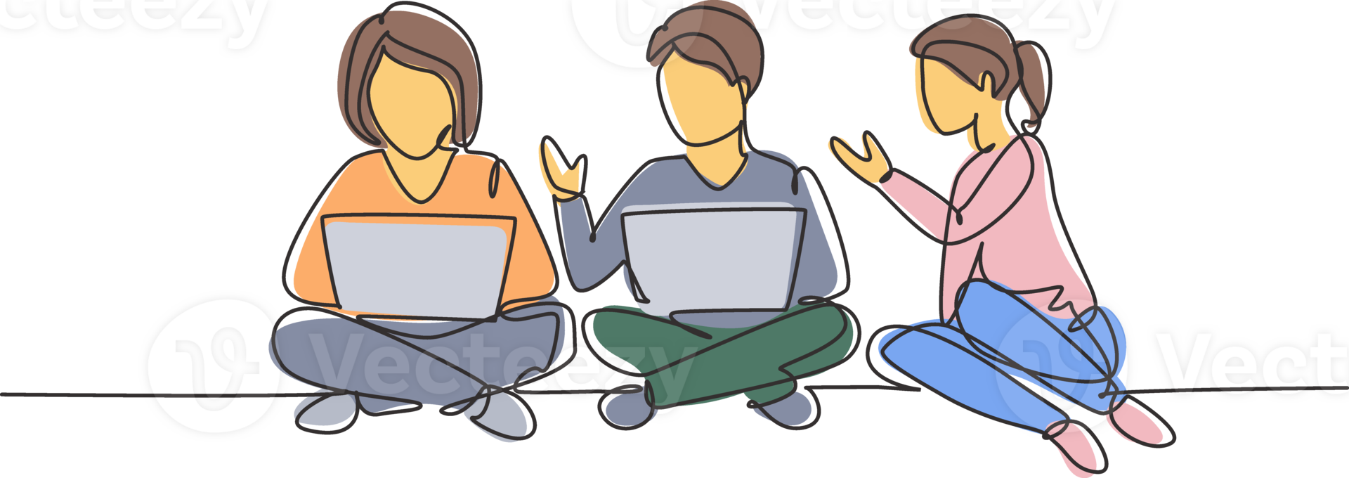 Single continuous line drawing three students studying with laptop and sitting on the floor together. Back to school, online education concept. Dynamic one line draw graphic design illustration png