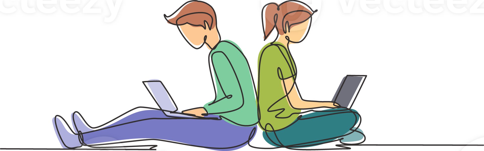 Continuous one line drawing couple with laptop sitting and lean on each other. Freelance, distance learning, online courses, and studying concept. Single line draw design graphic illustration png