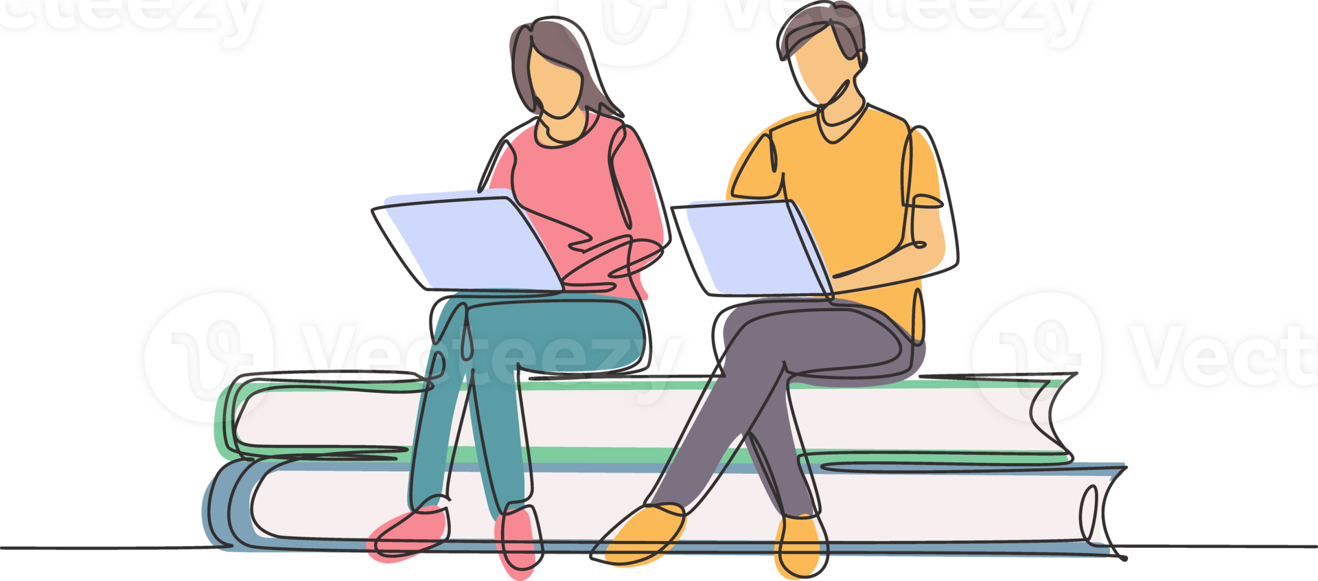 Single one line drawing couple with laptop sitting on pile of books together. Freelance, distance learning, online courses, studying concept. Continuous line draw design graphic illustration png
