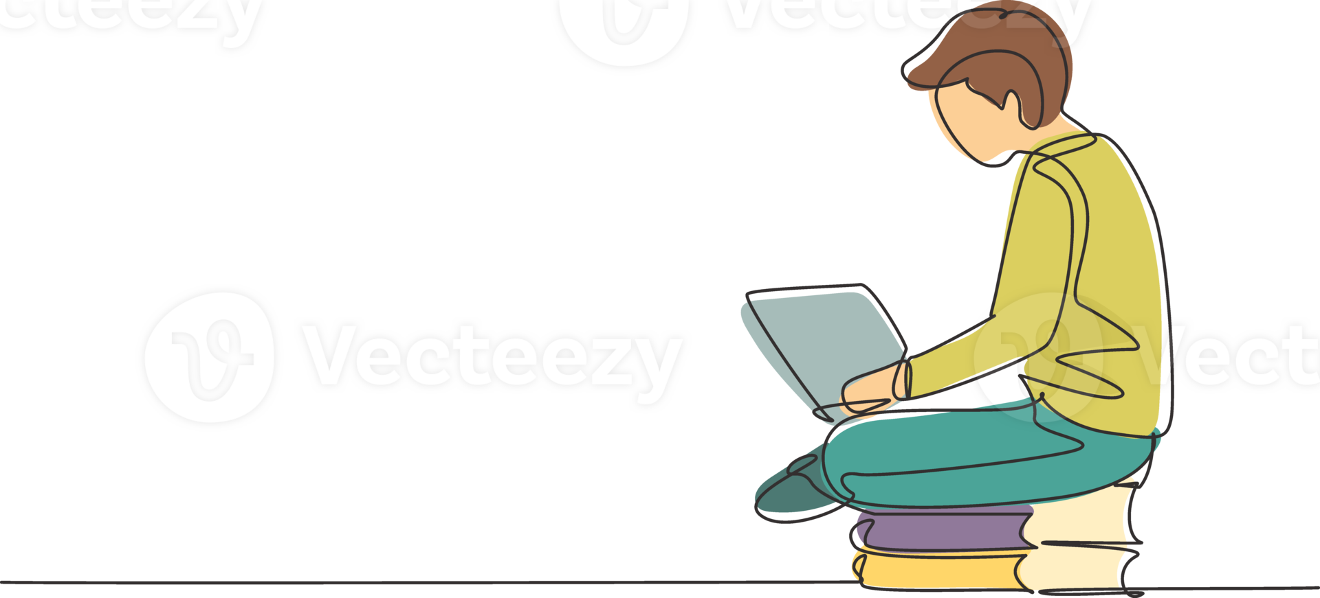 Single continuous line drawing young male studying with laptop and sitting on pile of books. Back to school, intelligent student, online education. One line draw graphic design illustration png