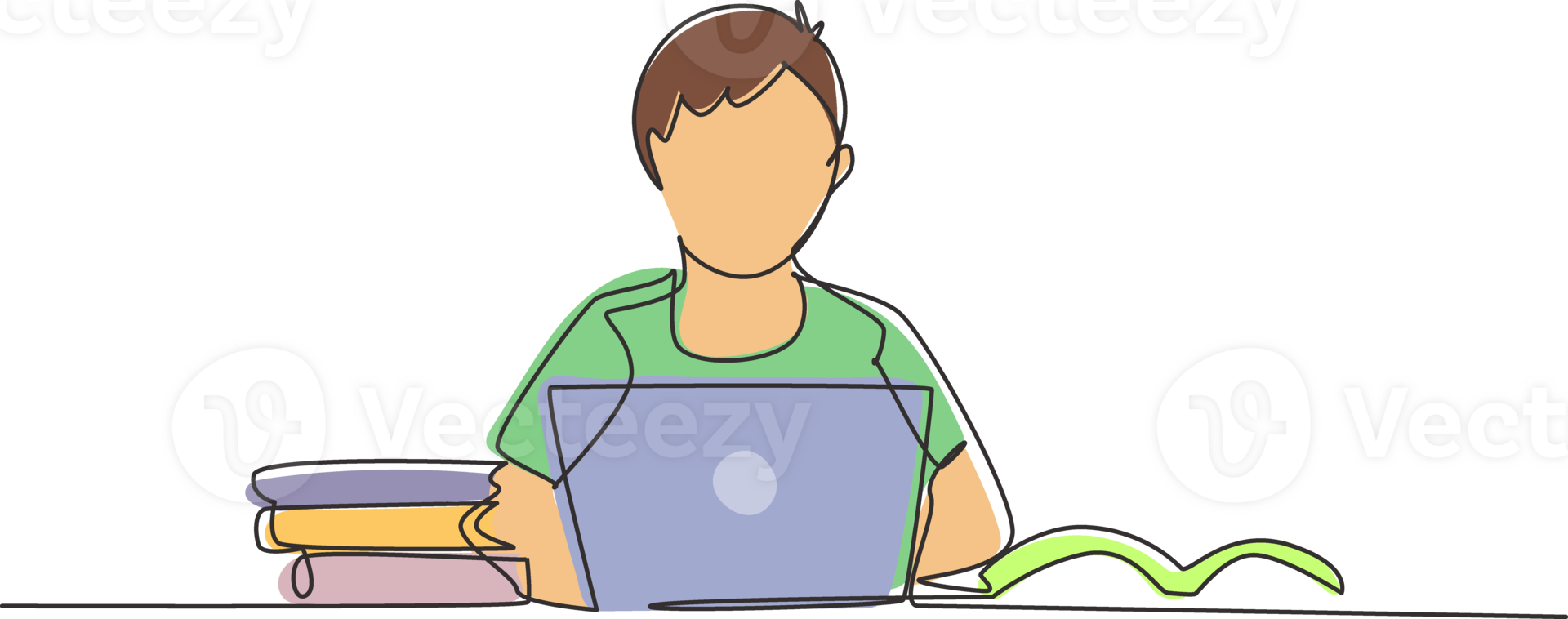 Single one line drawing young male studying with laptop and pile of books. Back to school, intelligent student, online education concept. Modern continuous line draw design graphic illustration png