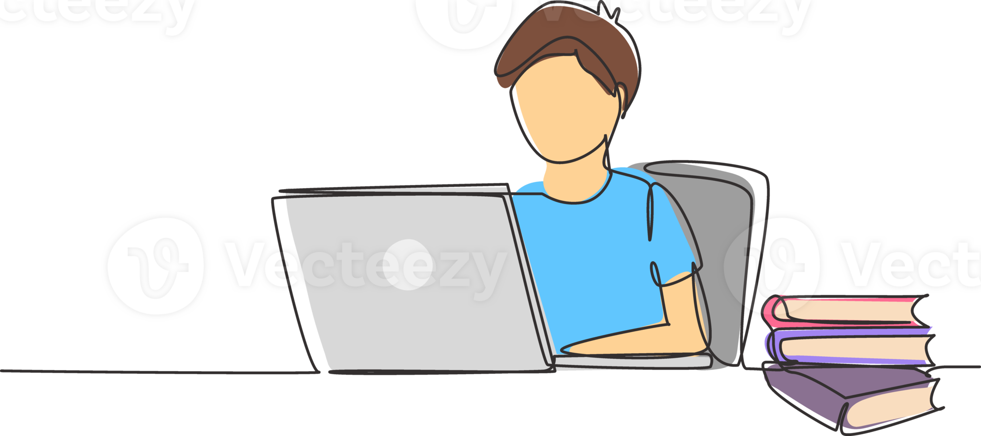 Single continuous line drawing girl studying with laptop and pile of books. Back to school, intelligent student, online education concept. Dynamic one line draw graphic design illustration png