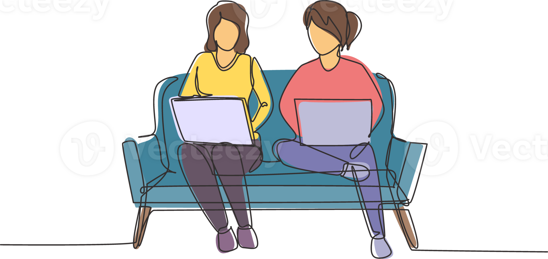 Continuous one line drawing two woman with laptop sitting on the sofa together. Freelance, distance learning, online courses, and studying concept. Single line draw design graphic illustration png