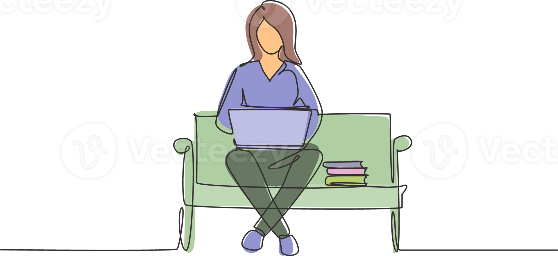 Continuous one line drawing young girl with laptop sitting on the park bench. Freelance, distance learning, online courses, and studying concept. Single line draw design graphic illustration png