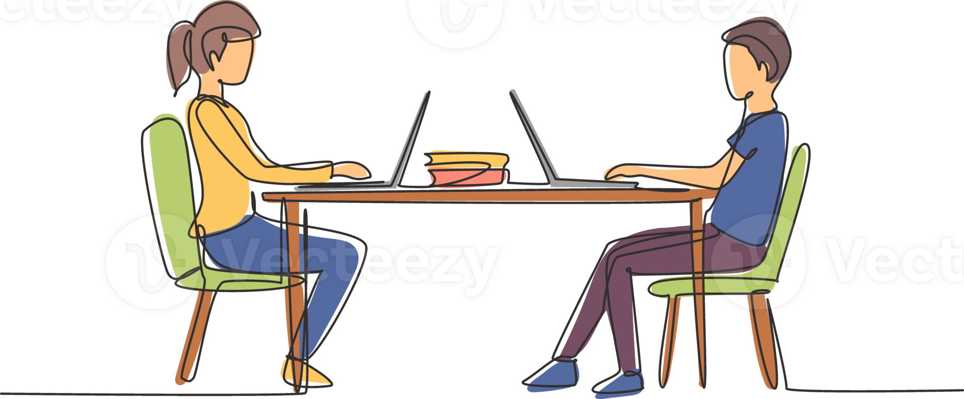 Single continuous line drawing boy and girl students studying with laptop and sitting on chairs around desk. Back to school, online education concept. One line draw graphic design illustration png