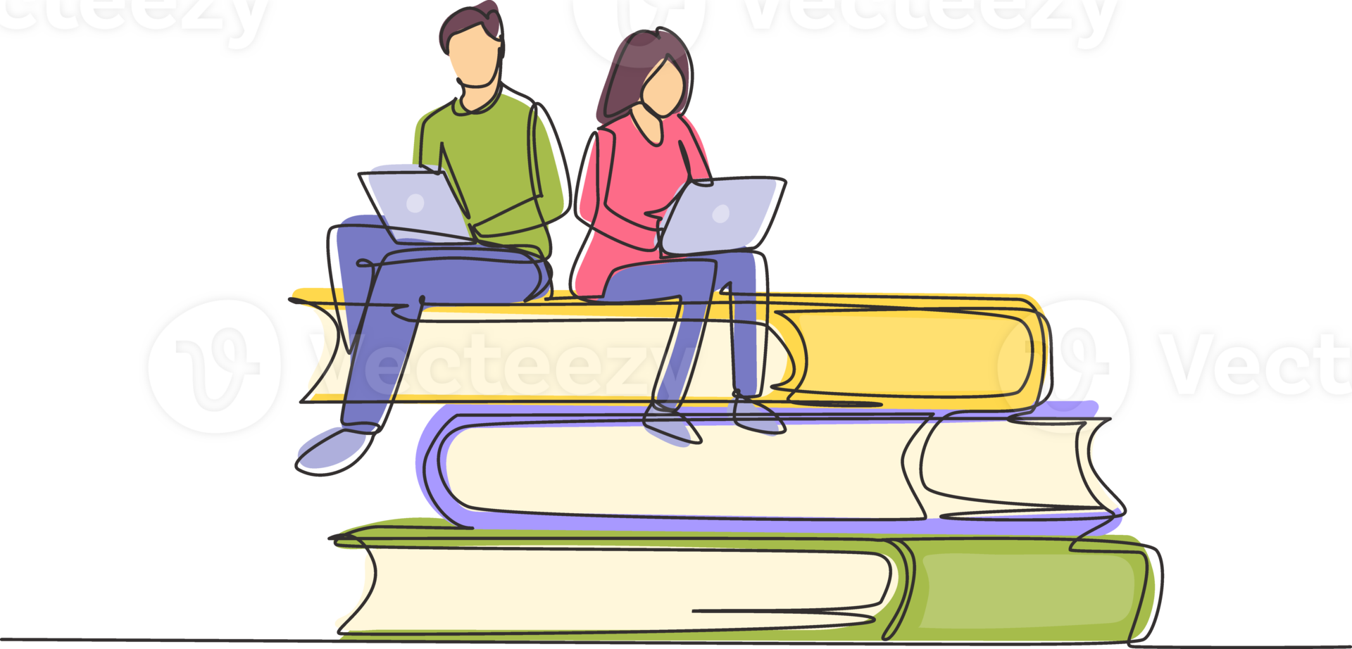 Continuous one line drawing couple with laptop sitting on pile of books together. Freelance, distance learning, online courses, studying concept. Single line draw design graphic illustration png