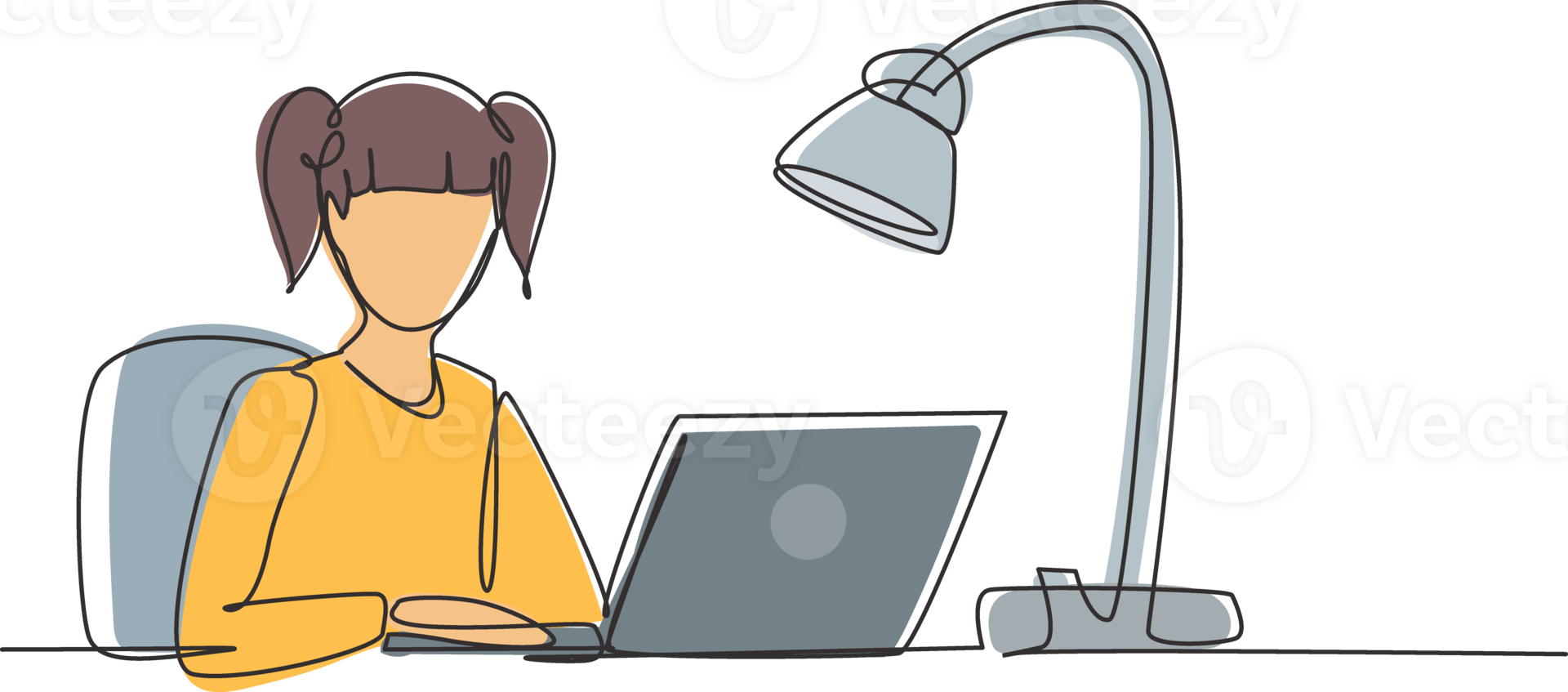 Single continuous line drawing girl studying with laptop and study lamp sitting on chair around desk. Back to school, online education concept. Dynamic one line draw graphic design illustration png