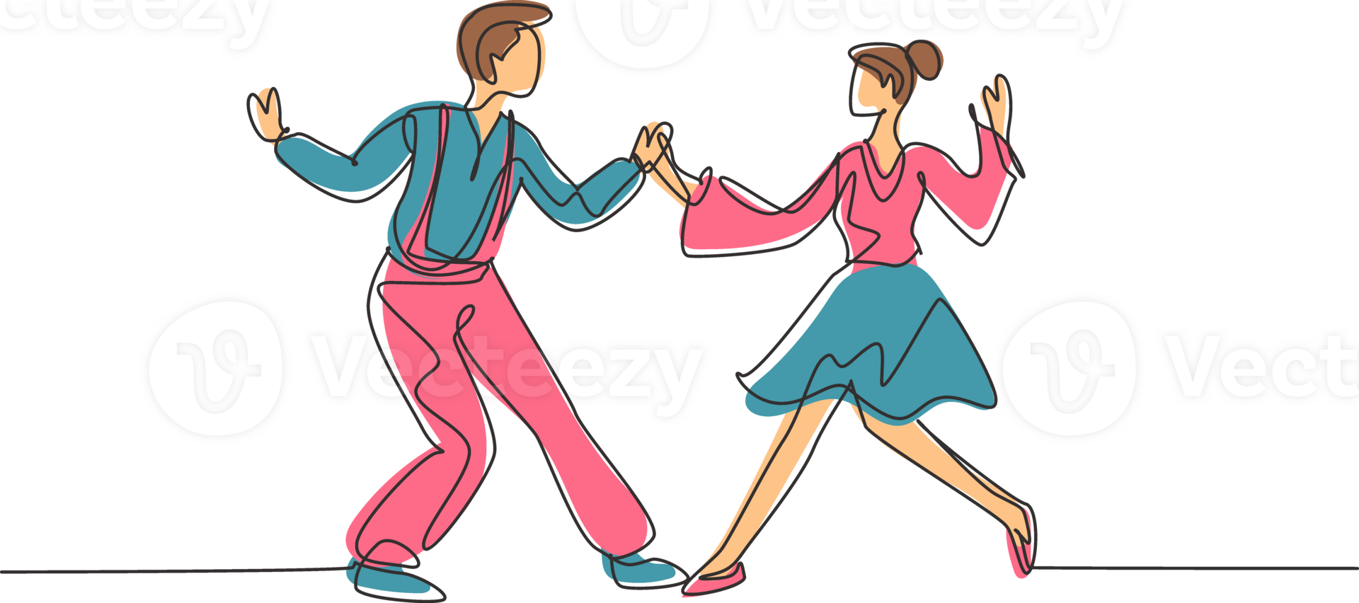 kontinuierlich einer Linie Zeichnung Mann und Frau Tanzen Lindy hop oder schwingen zusammen. männlich und weiblich Zeichen durchführen tanzen beim Schule oder Party. Single Linie zeichnen Design Grafik Illustration png