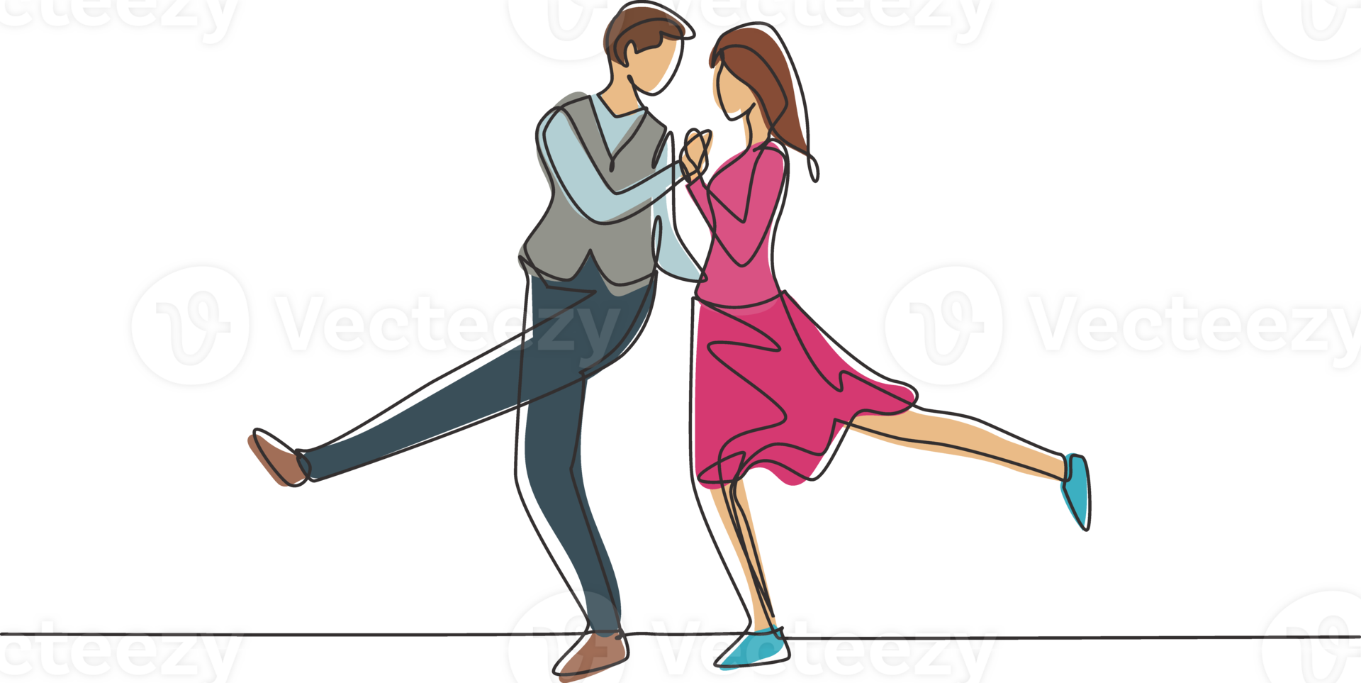 Single continuous line drawing man and woman professional dancer couple dancing tango, waltz dances on dancing contest. Romantic night concept. Dynamic one line draw graphic design illustration png