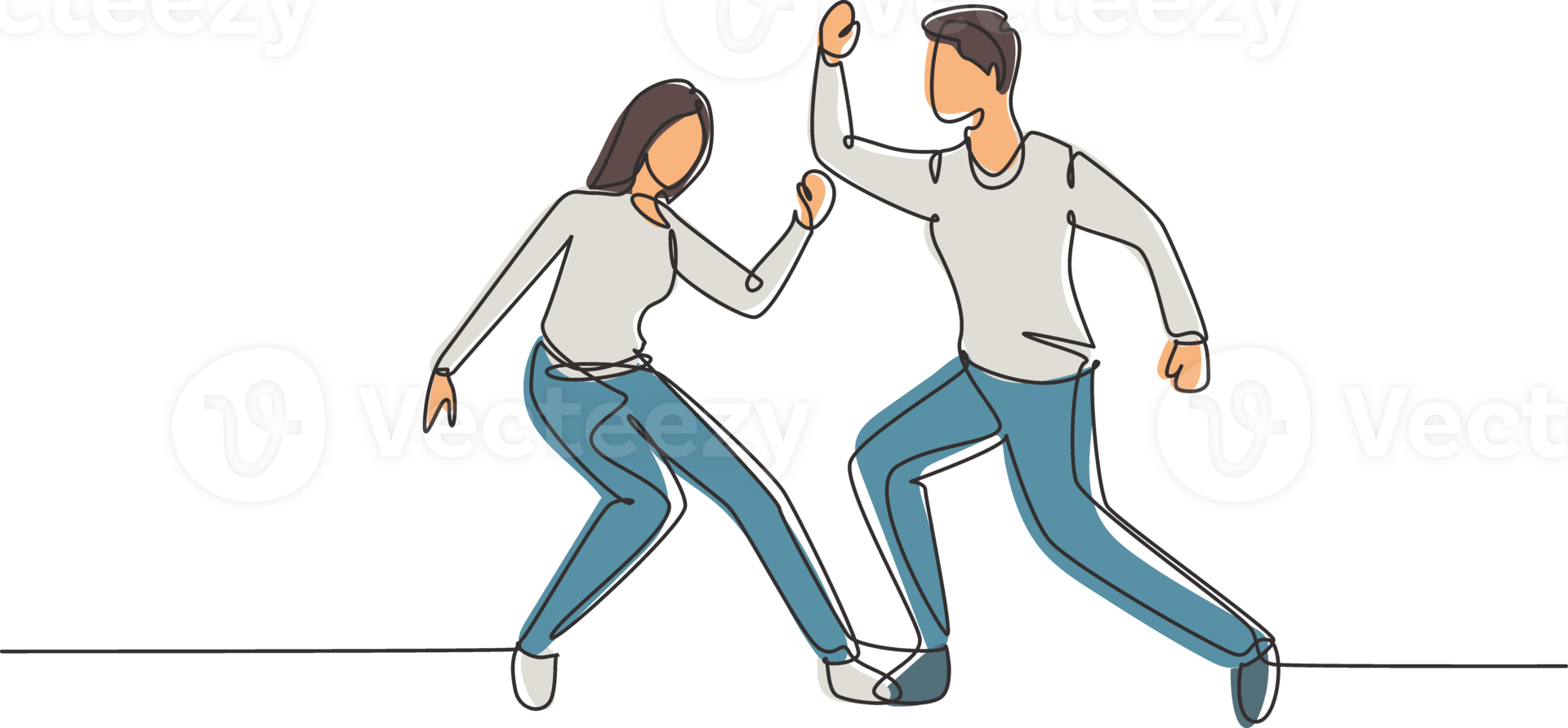 Continuous one line drawing man and woman dancing Lindy hop or Swing. Male and female characters performing dance at school or party. Fun lifestyle. Single line draw design graphic illustration png