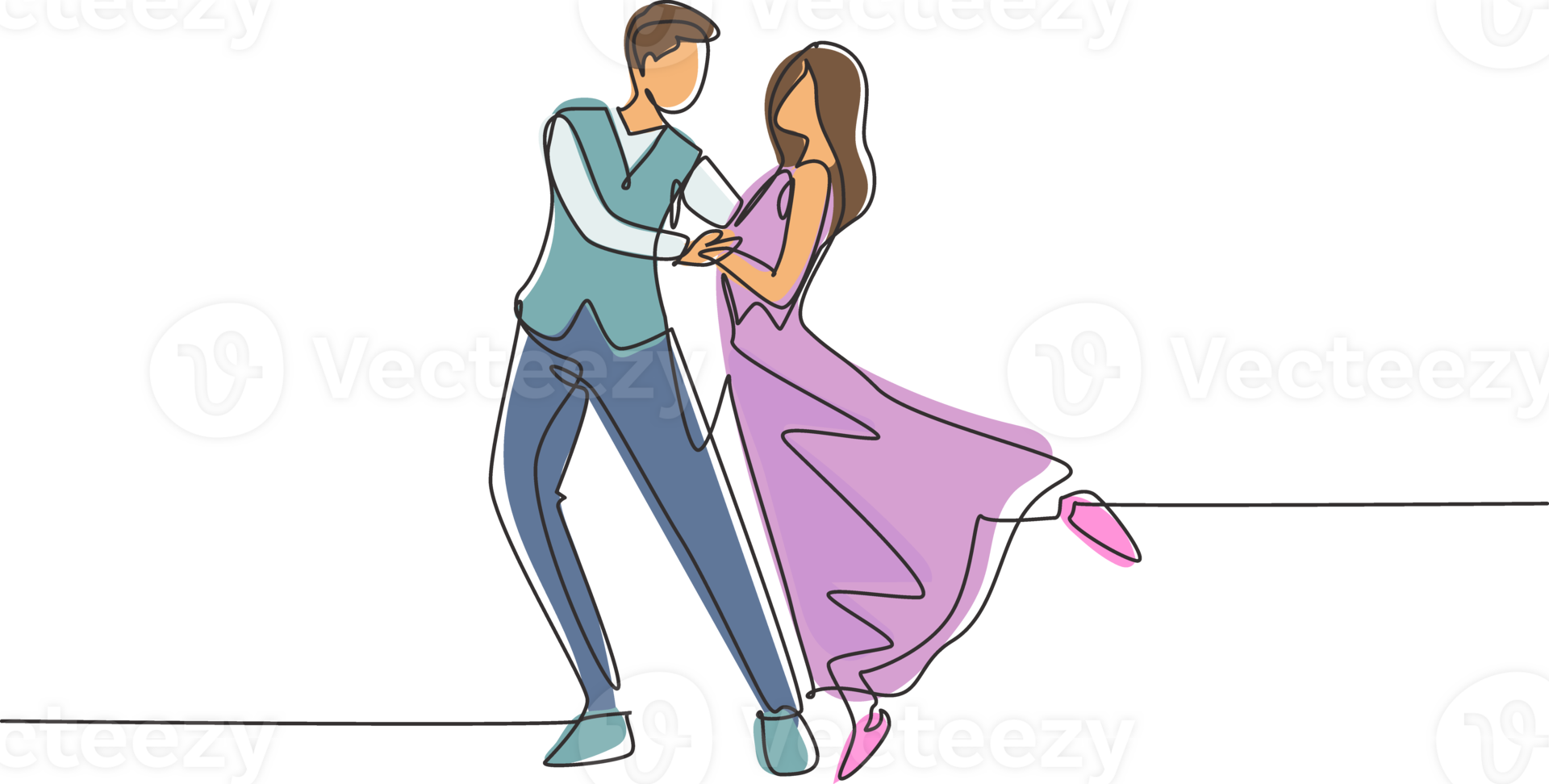 Single continuous line drawing romantic man and woman professional dancer couple dancing tango, waltz dances on dancing contest dancefloor. Dynamic one line draw graphic design illustration png