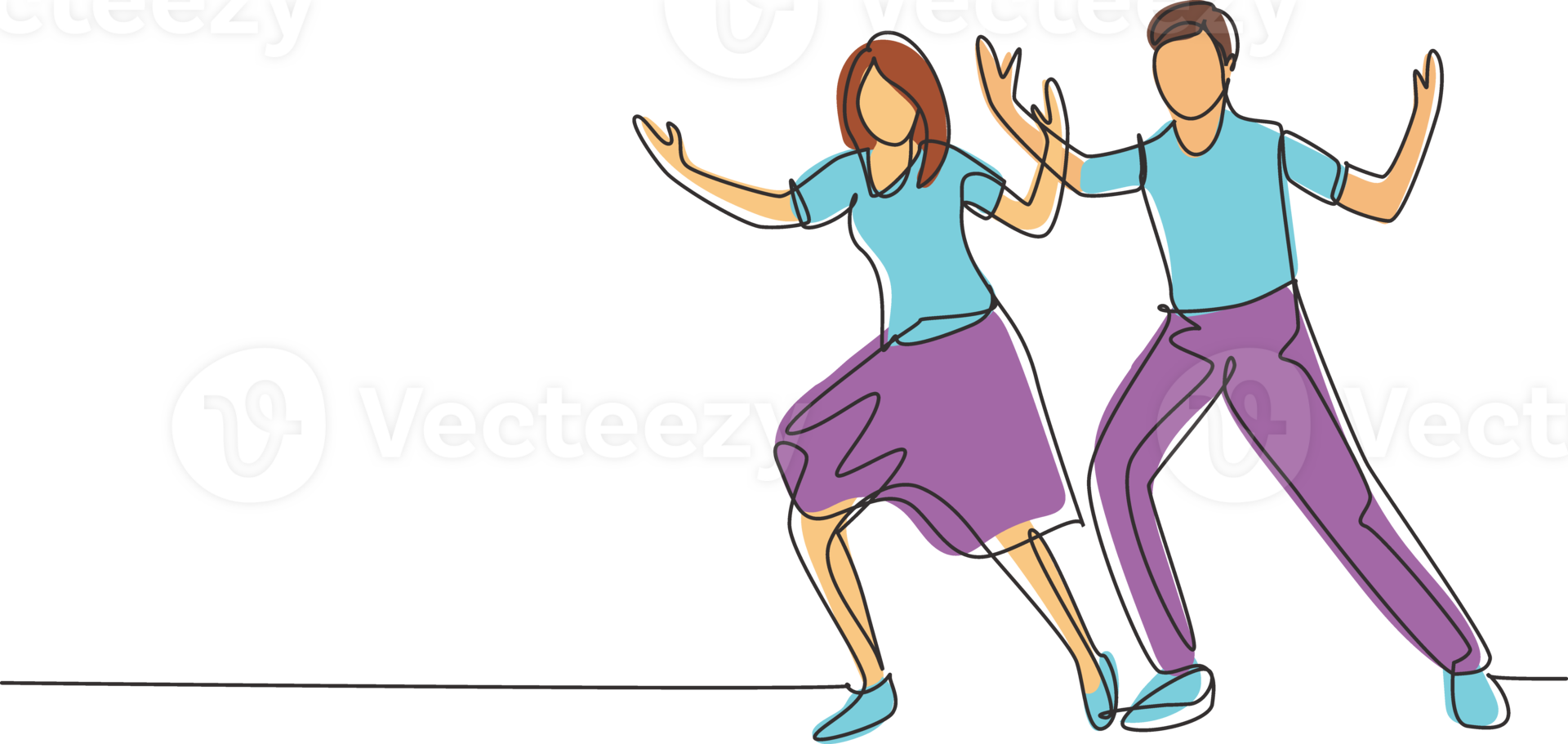 Single continuous line drawing people dancing salsa. Couples, man and woman in dance. Pairs of dancers with waltz tango and salsa styles moves. Dynamic one line draw graphic design illustration png