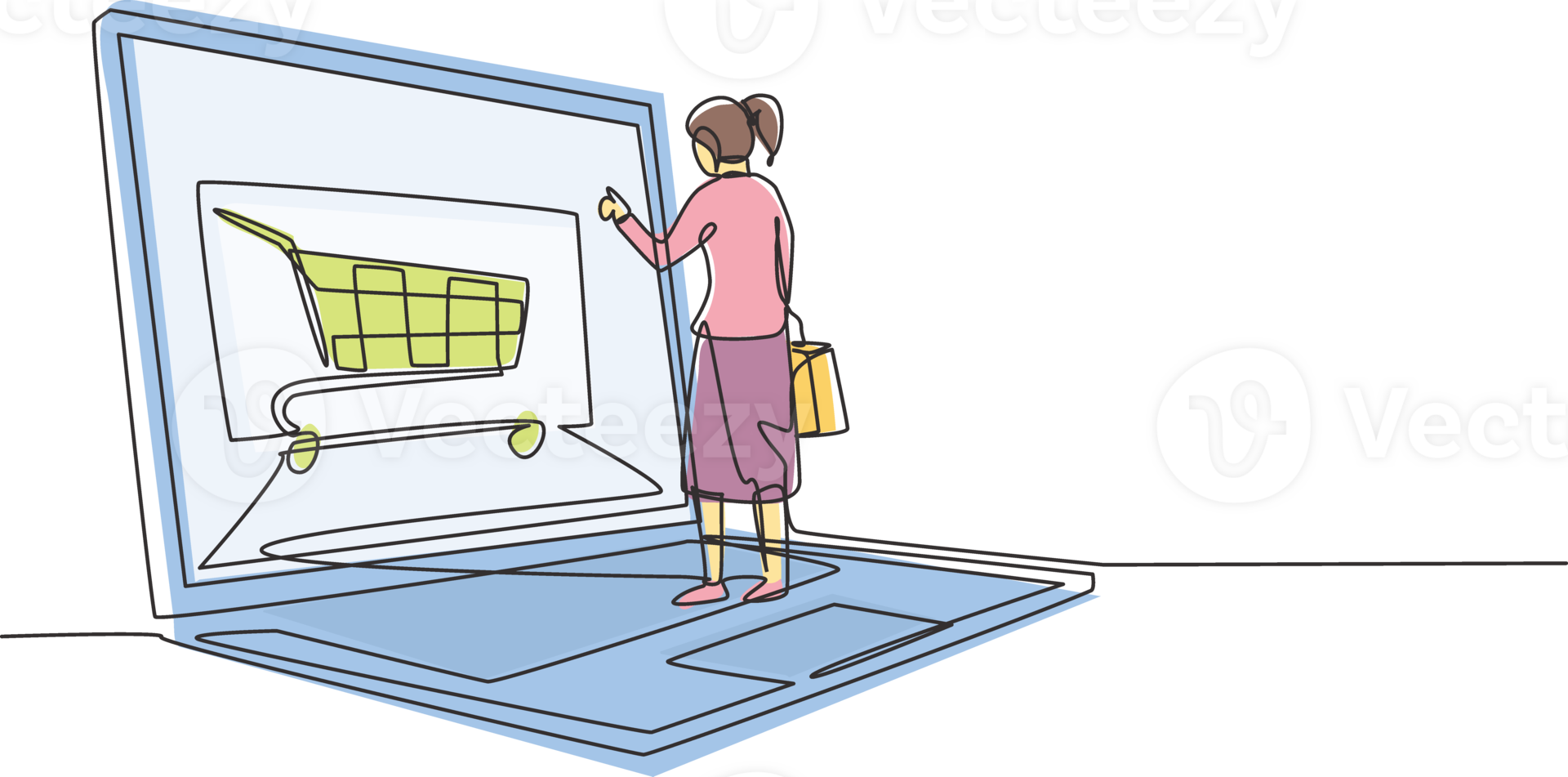 Continuous one line drawing young female shopping online via giant laptop screen with shopping cart inside. Digital lifestyle, consumerism concept. Single line draw design graphic illustration png