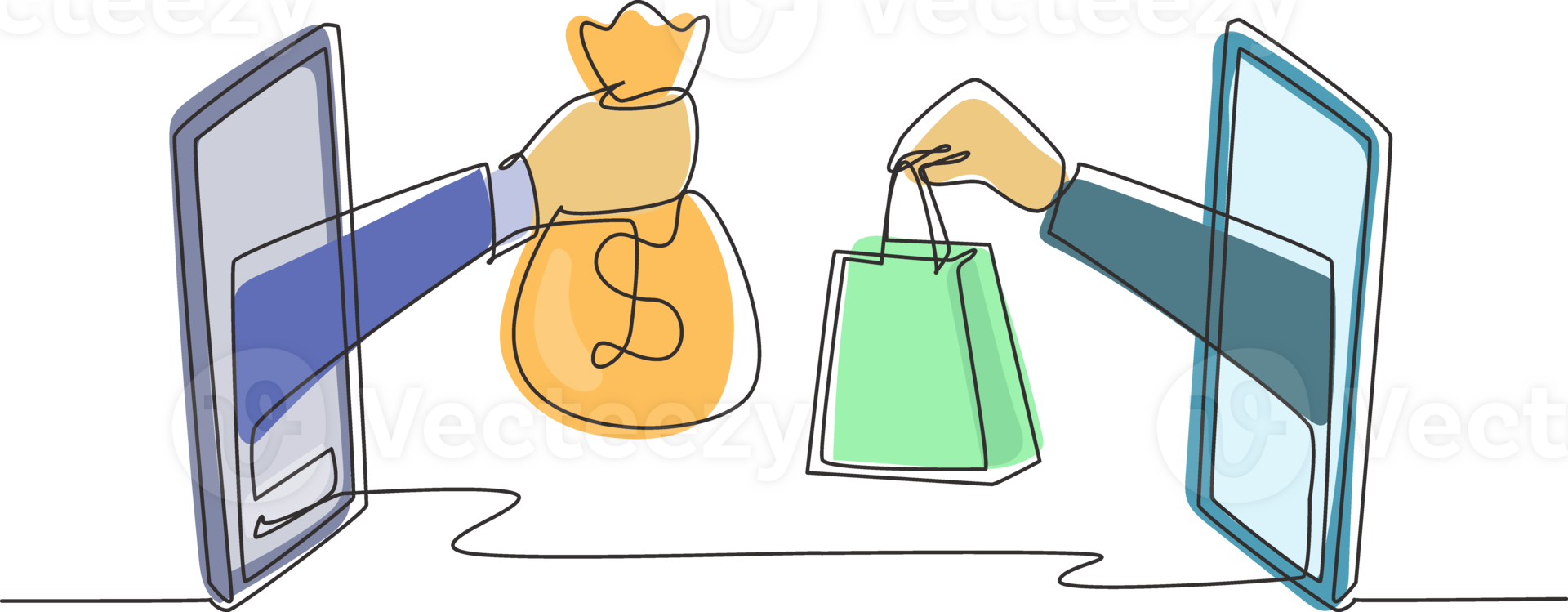 Single continuous line drawing two hands out of the smartphone screen to exchange shopping bags with money bag. Sale, digital payment concept. Dynamic one line draw graphic design illustration png