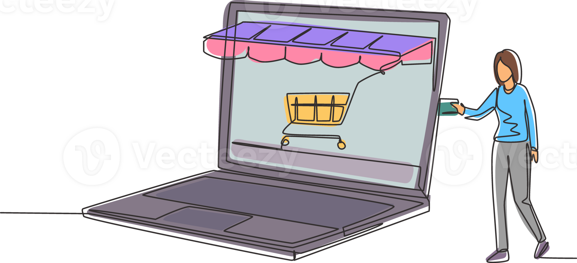 Continuous one line drawing young woman inserting credit card into large canopy laptop screen with shopping cart. E-shop, digital payment concept. Single line draw design graphic illustration png