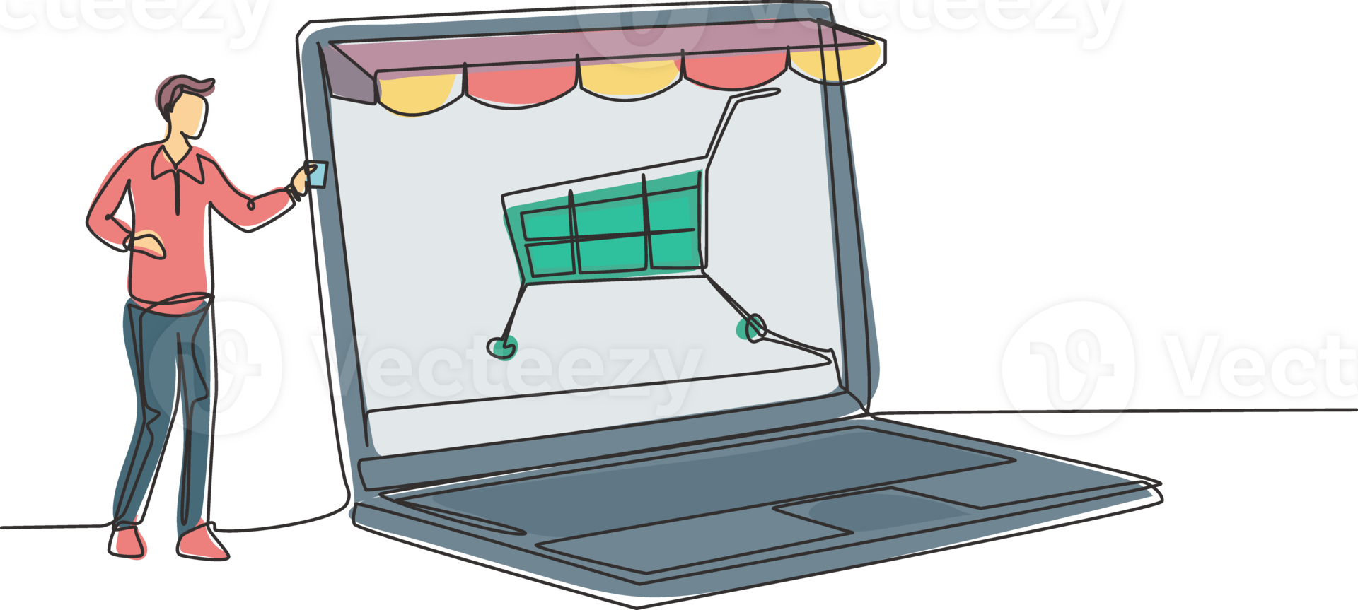 Single continuous line drawing young man inserting credit card into canopy laptop screen with shopping cart. E-shop, digital payment concept. Dynamic one line draw graphic design illustration png