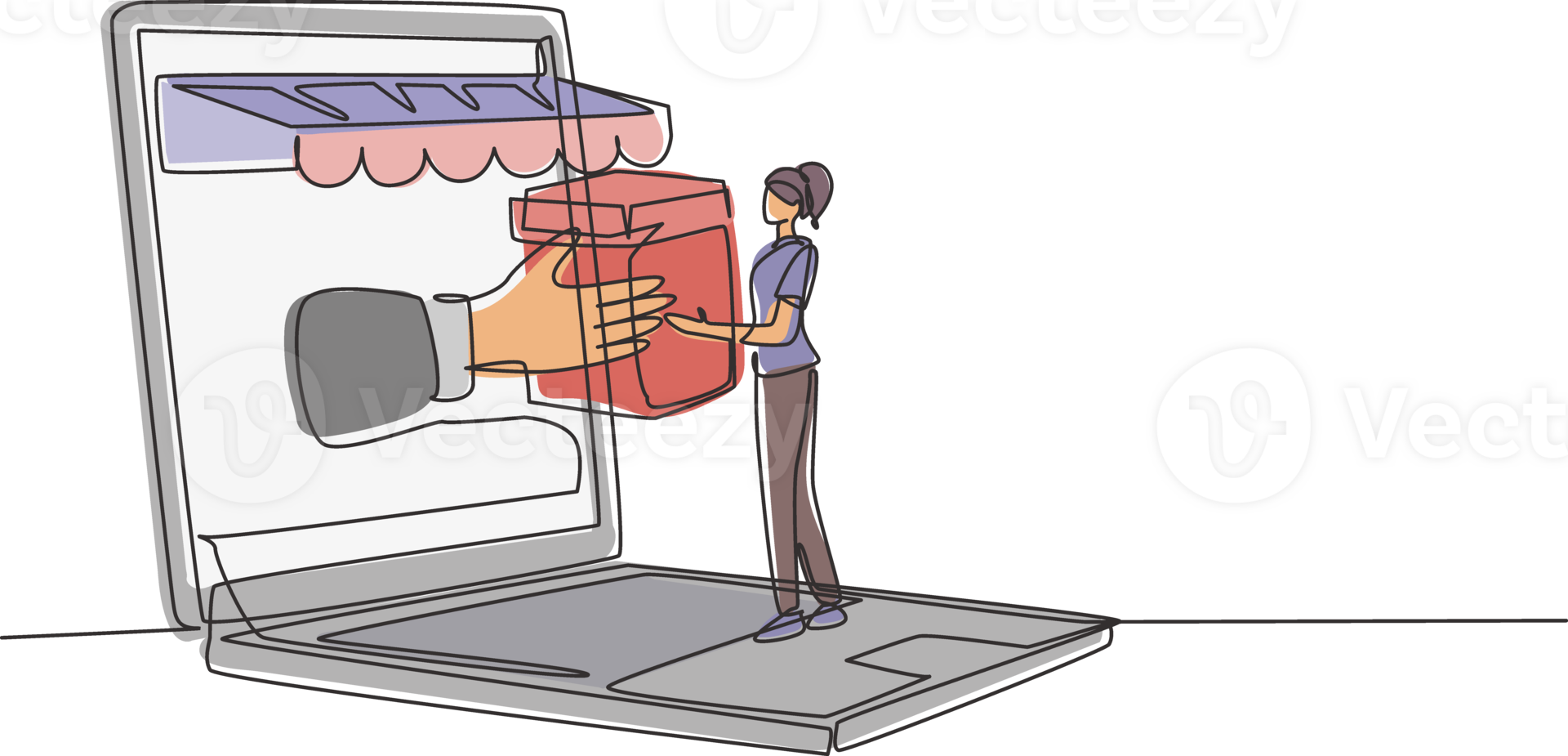 Single one line drawing young woman receives package box from large canopy laptop screen and hands it over. Digital delivery concept. Modern continuous line draw design graphic illustration png