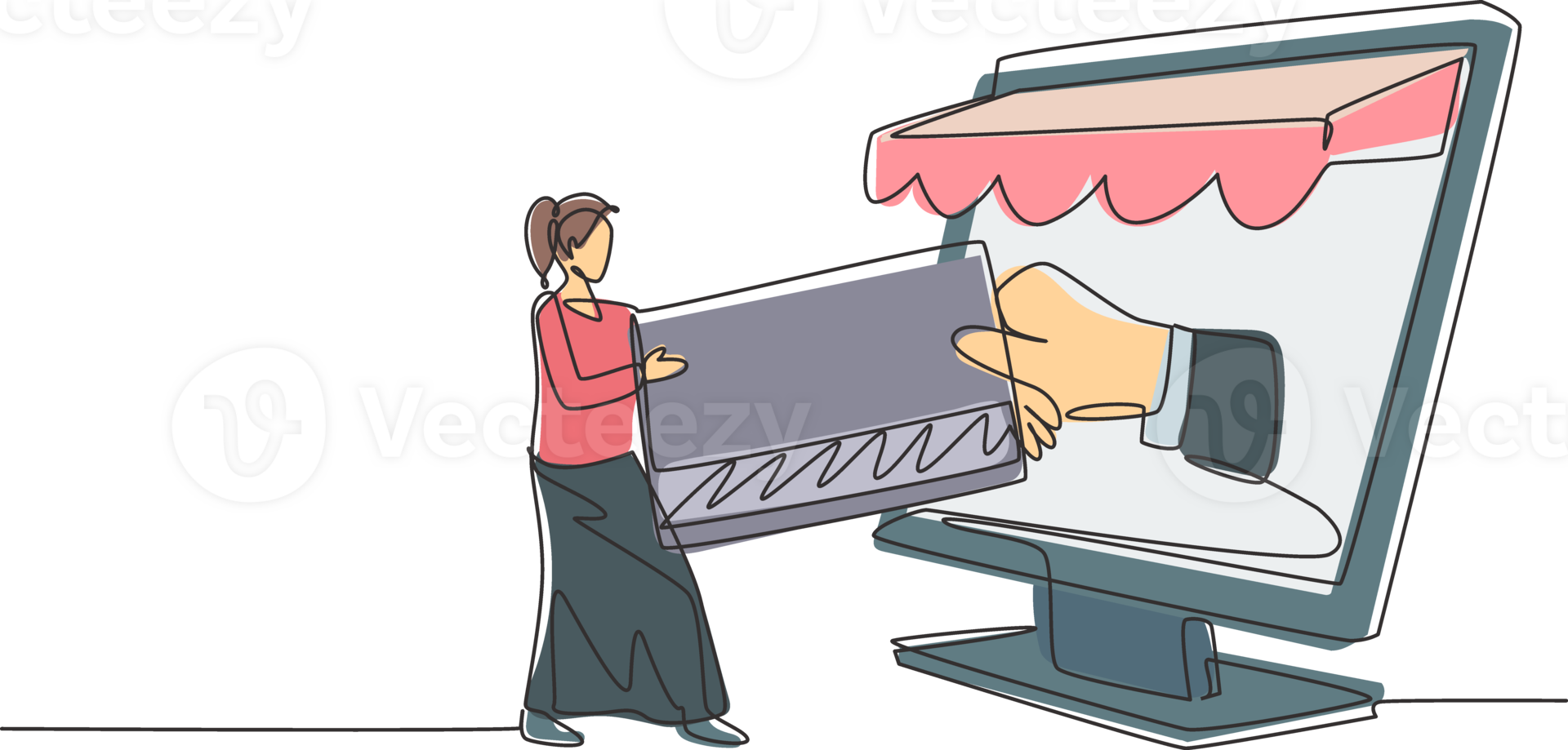 Single continuous line drawing young female inserting credit card into canopy monitor screen and accepted by hand. Digital payment concept. Dynamic one line draw graphic design illustration png