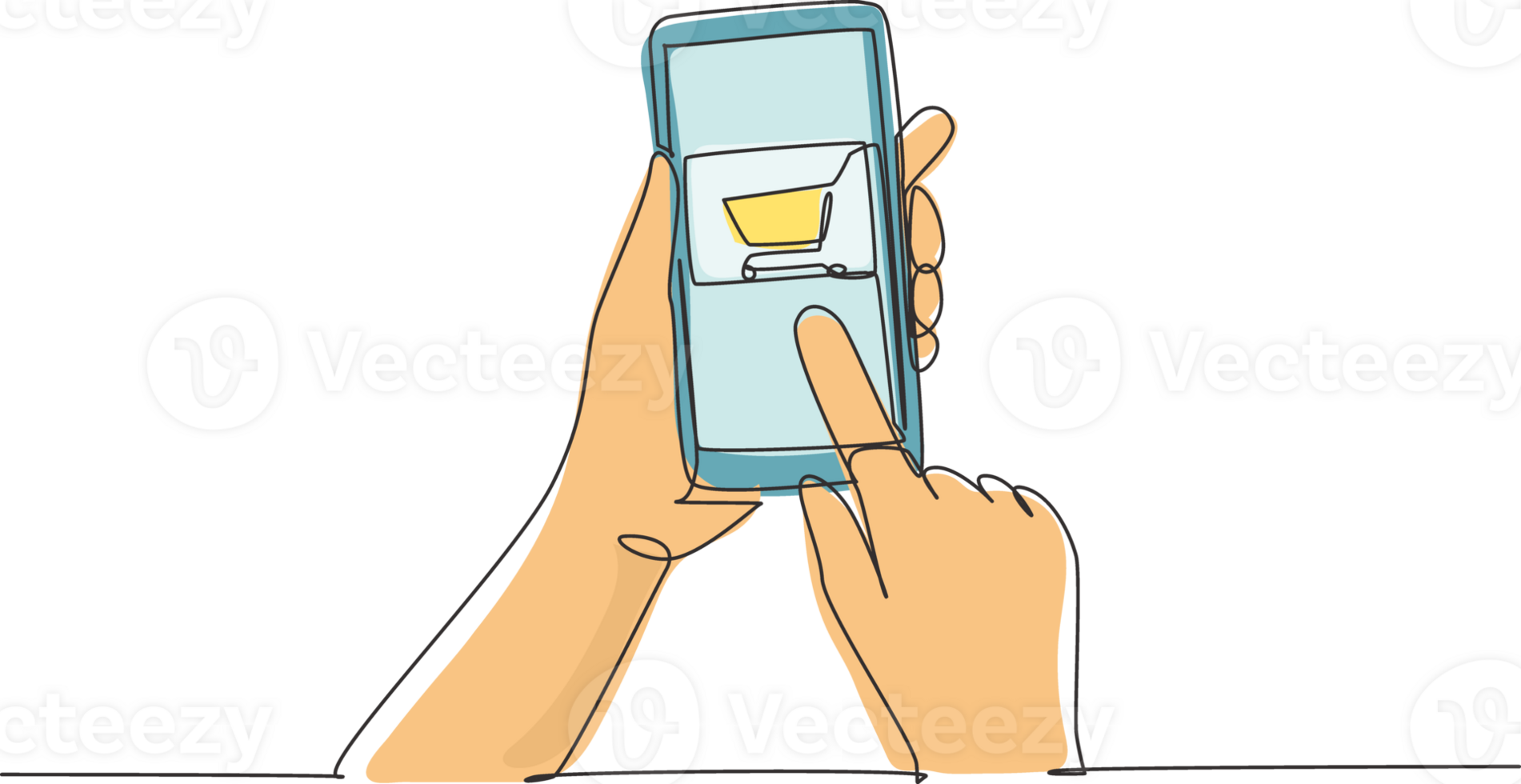 Continuous one line drawing hands holding smartphone with shopping cart image and touching screen. Digital lifestyle, internet and gadgets concept. Single line draw design graphic illustration png