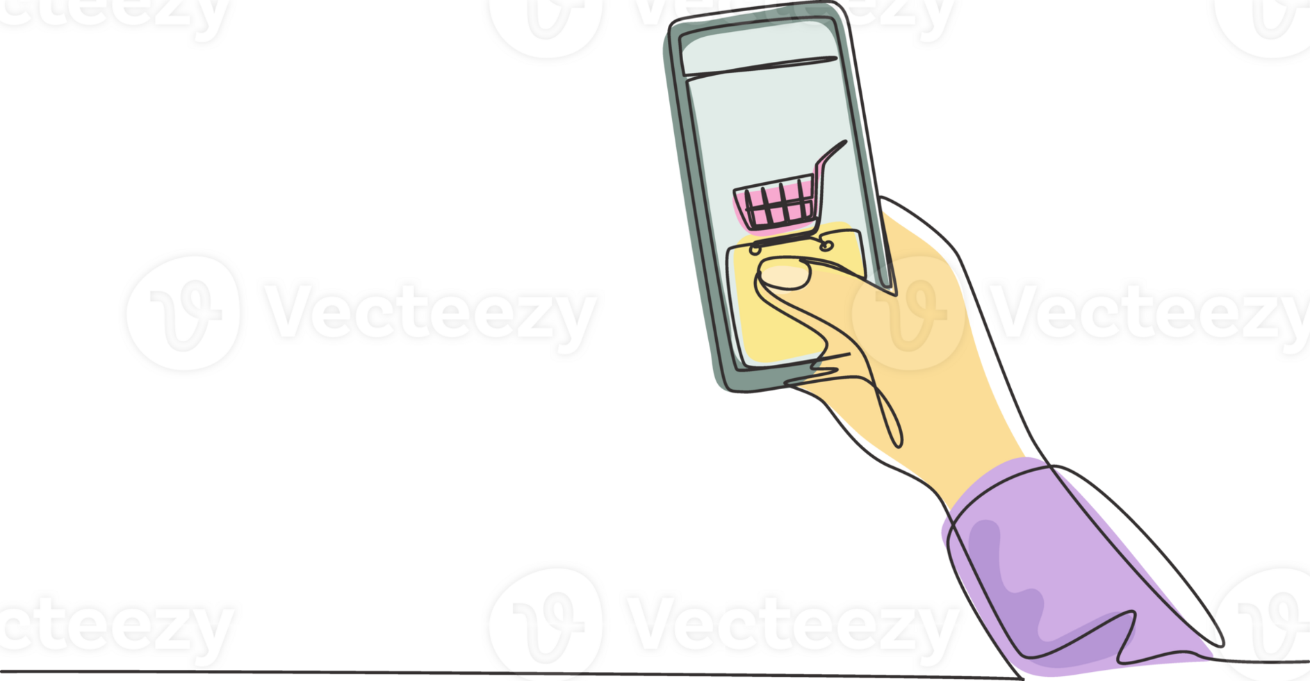 Single one line drawing hands holding smartphone with shopping cart image and touching screen. Digital lifestyle, internet and gadgets concept. Continuous line draw design graphic illustration png