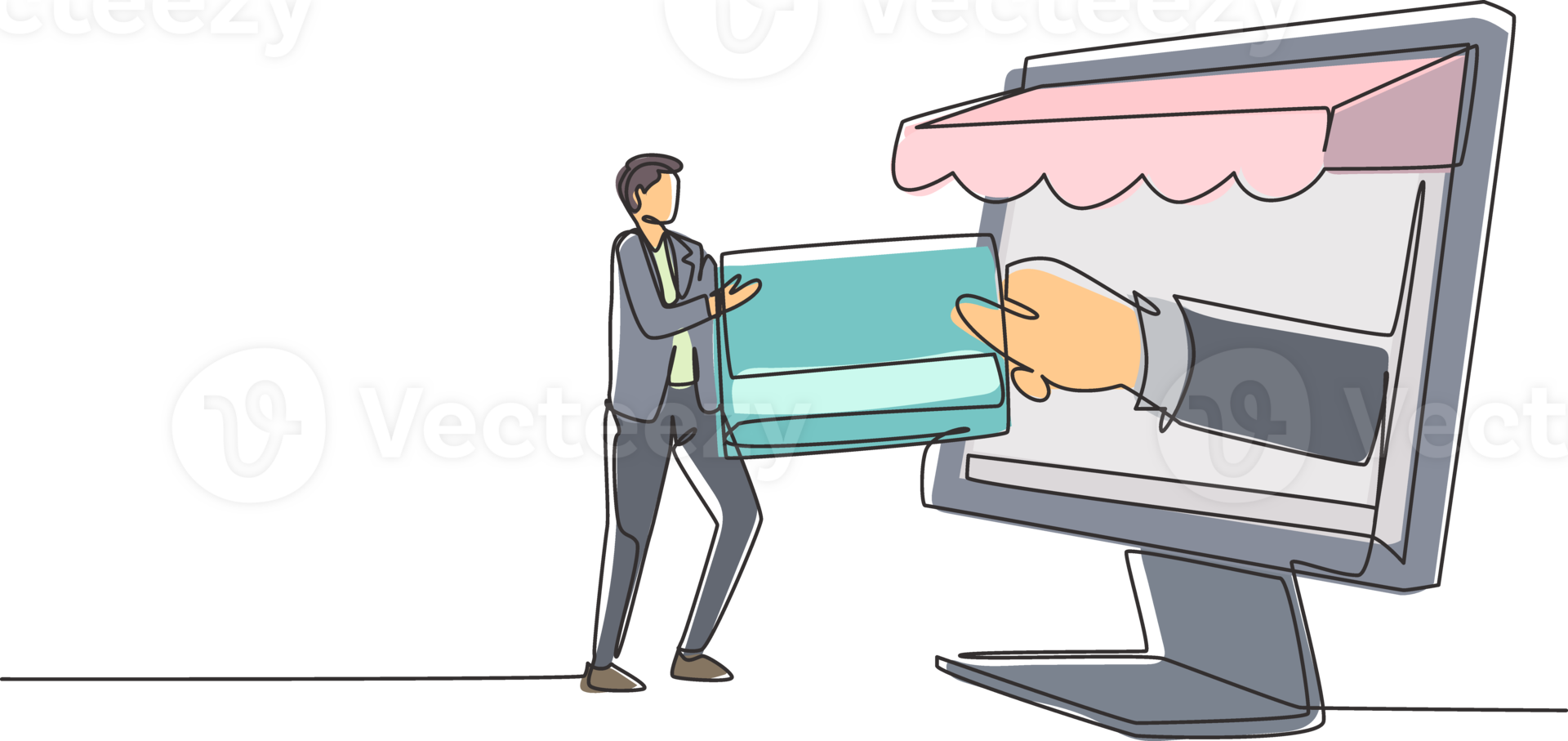 Single continuous line drawing young man inserting credit card into large canopy monitor screen and accepted by hand. Digital payment concept. Dynamic one line draw graphic design illustration png