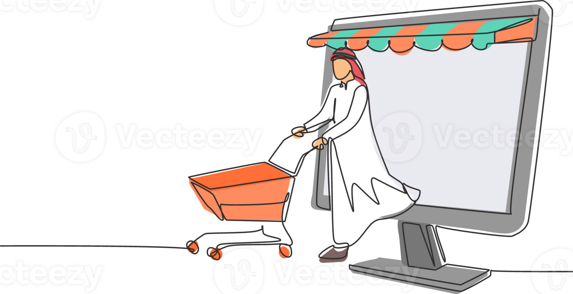 Single one line drawing Arabian man coming out of canopy monitor screen pushing a shopping cart. Digital lifestyle consumerism concept. Modern continuous line draw design graphic illustration png