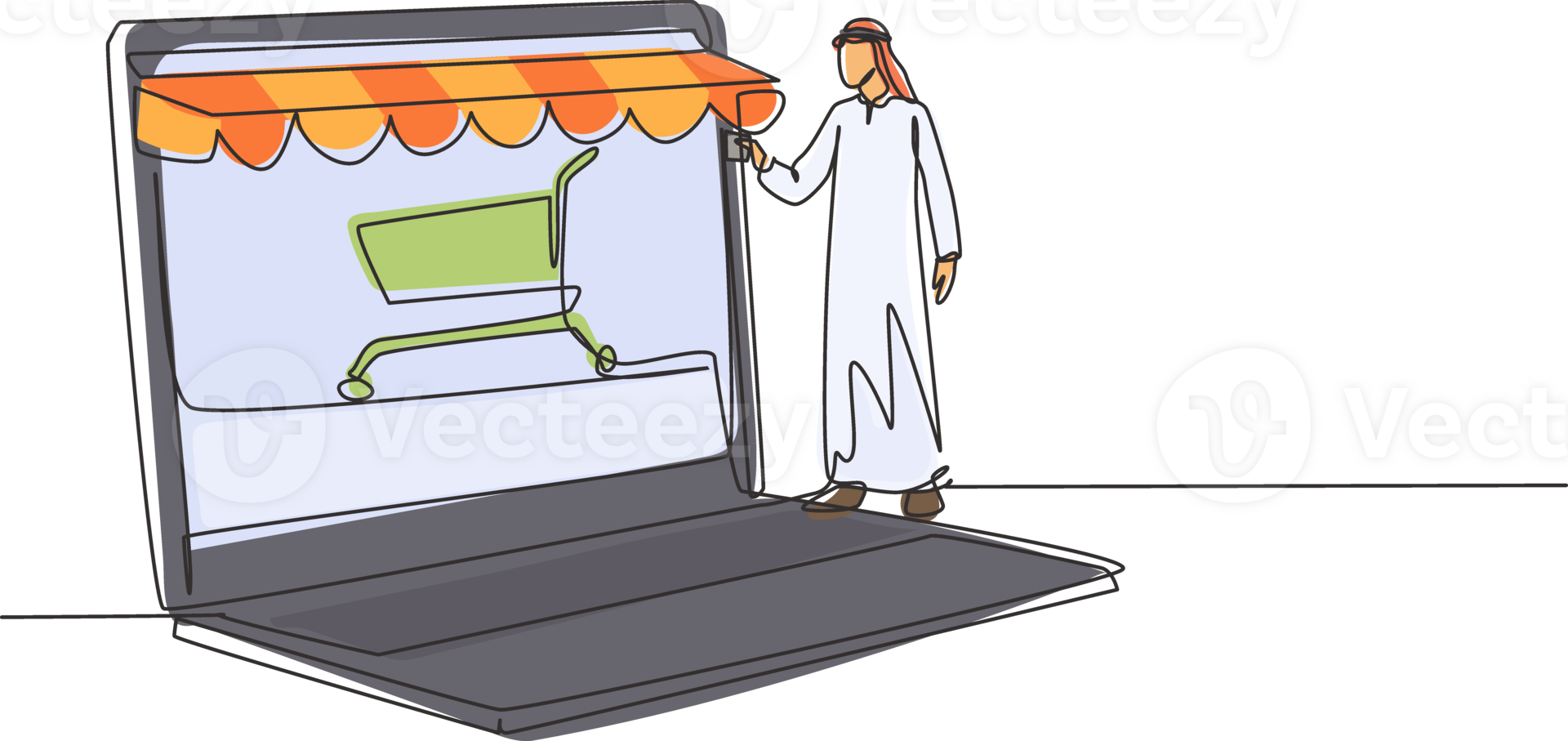 Single continuous line drawing Arabian man inserting credit card into canopy laptop screen with shopping cart. E-shop, digital payment concept. Dynamic one line draw graphic design illustration png