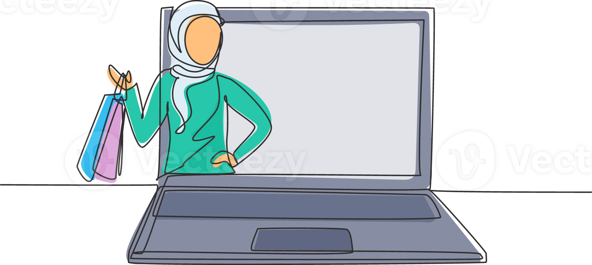 Single one line drawing young Arabian woman coming out of laptop screen holding shopping bags. Digital lifestyle and consumerism concept. Modern continuous line draw design graphic illustration png