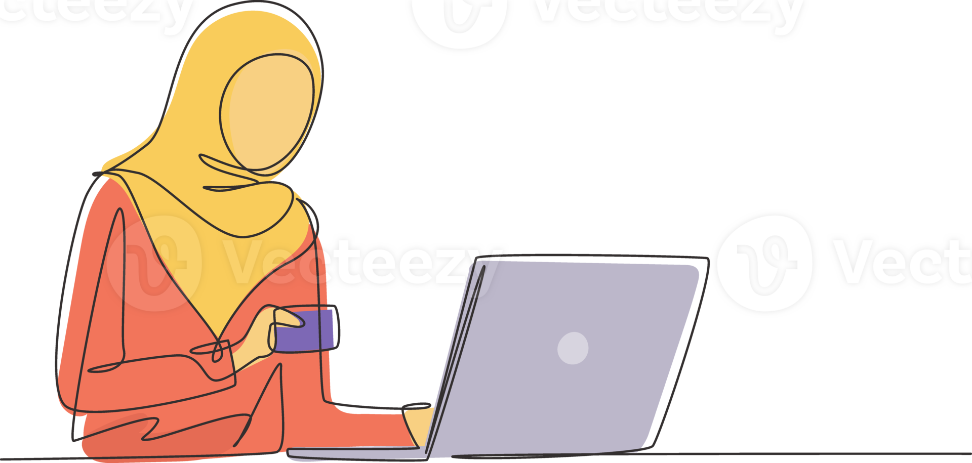 Continuous one line drawing young Arab woman typing entering credit card code on laptop around desk. Digital lifestyle, e-commerce, payment concept. Single line draw design graphic illustration png
