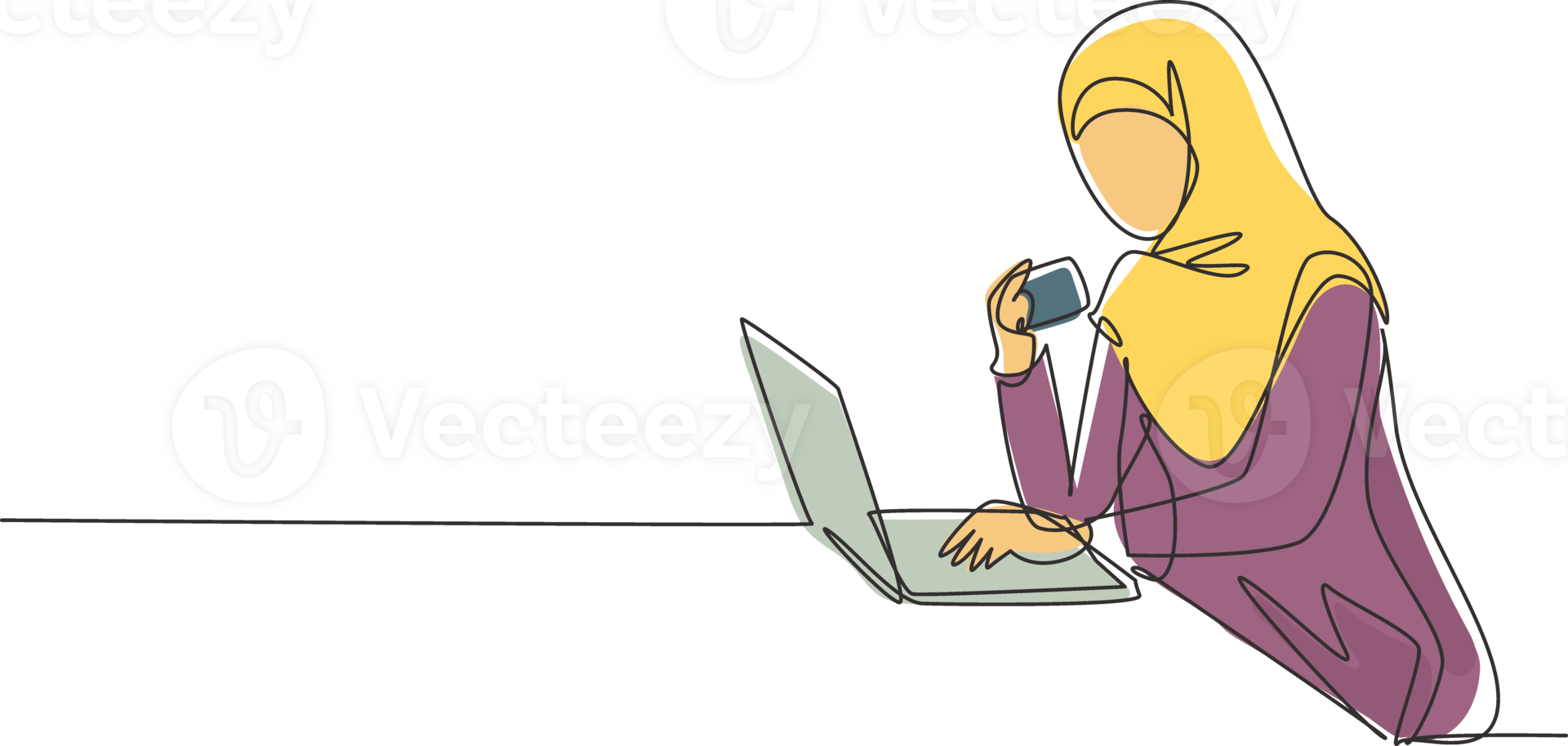 Continuous one line drawing young Arab woman typing entering credit card code on laptop around desk. Digital lifestyle, e-commerce, payment concept. Single line draw design graphic illustration png