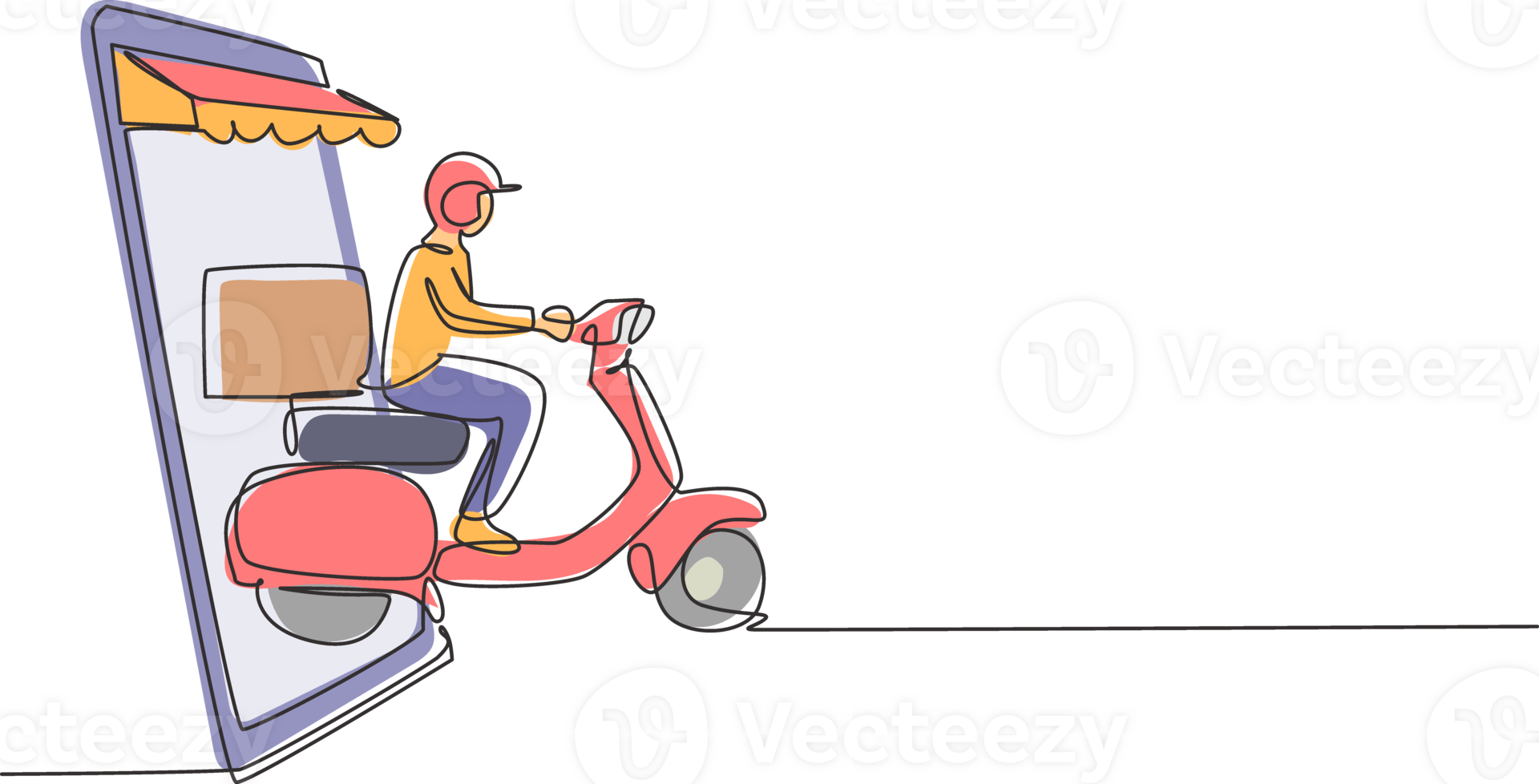 Continuous one line drawing courier riding scooter carrying package box out of giant smartphone screen with canopy. Online delivery service concept. Single line draw design graphic illustration png
