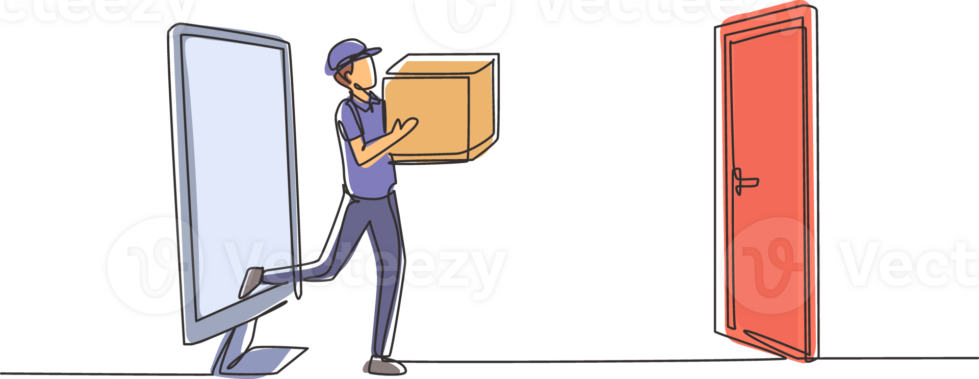 Single one line drawing courier comes out of the monitor screen while carrying package box to customer's door. Online delivery service. Modern continuous line draw design graphic illustration png