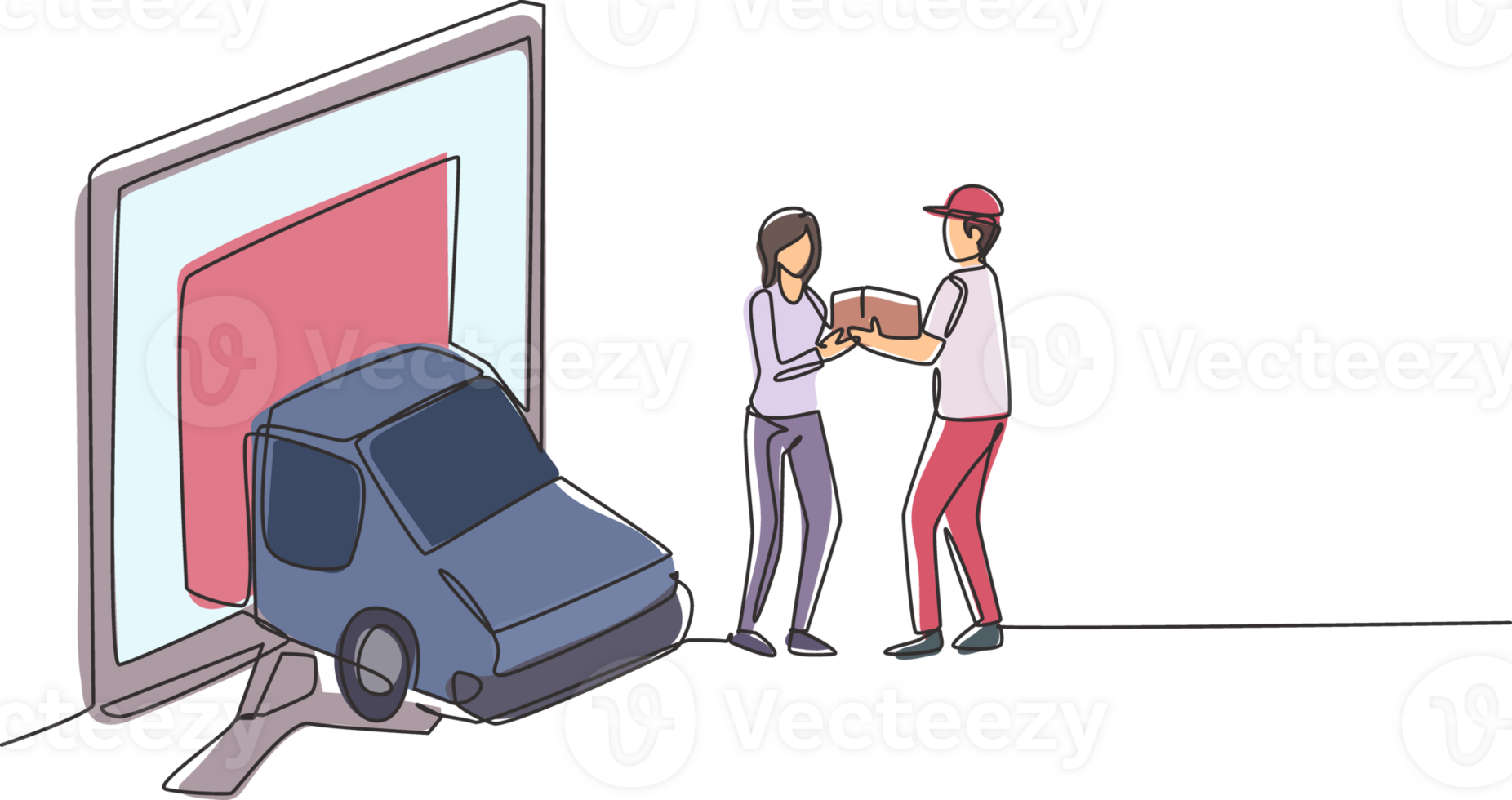 Continuous one line drawing delivery box car comes out partly from giant monitor screen and male courier gives package box to female customer. Single line draw design graphic illustration png