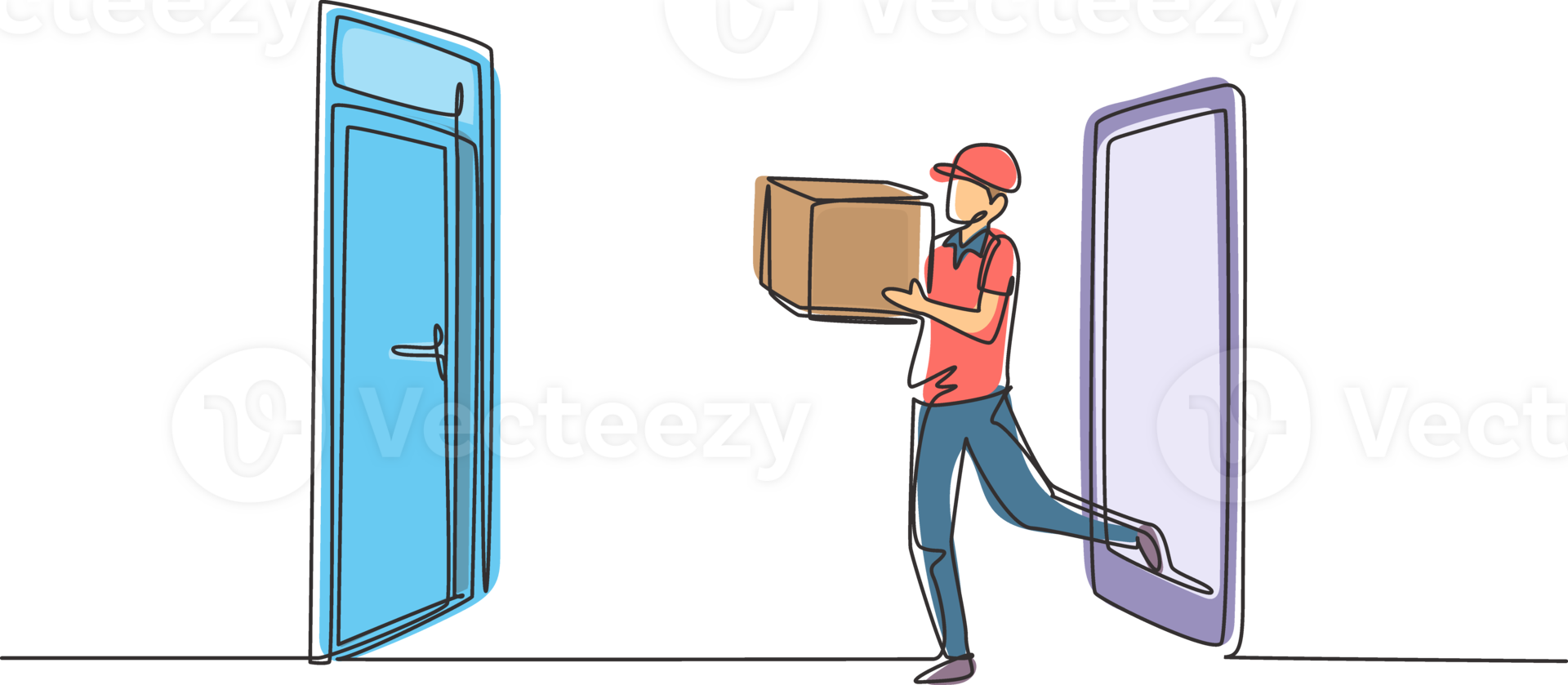 Single continuous line drawing male courier comes out of the smartphone screen while carrying package box to customer's door. Online delivery service. One line draw graphic design illustration png