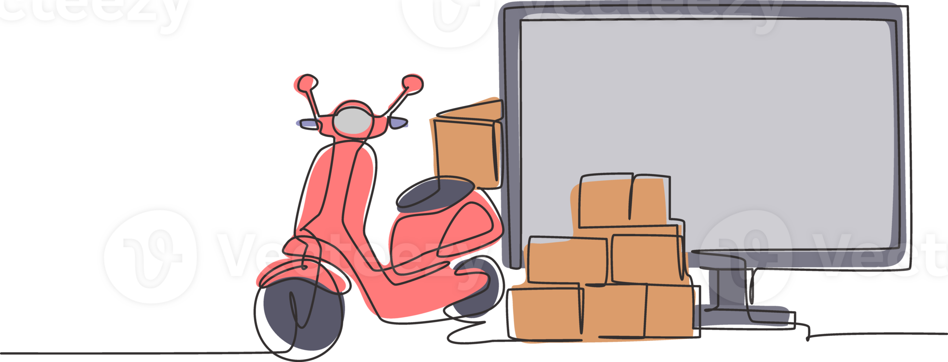 Single one line drawing giant monitor standing in front of courier scooter and pile of package boxes. Online delivery service concept. Modern continuous line draw design graphic illustration png