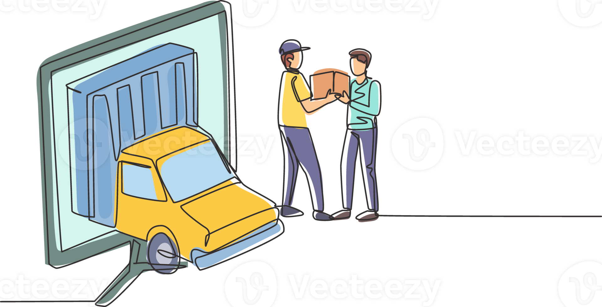 Single one line drawing delivery box car comes out partly from giant monitor screen and male courier gives package box to male customer. Modern continuous line draw design graphic illustration png