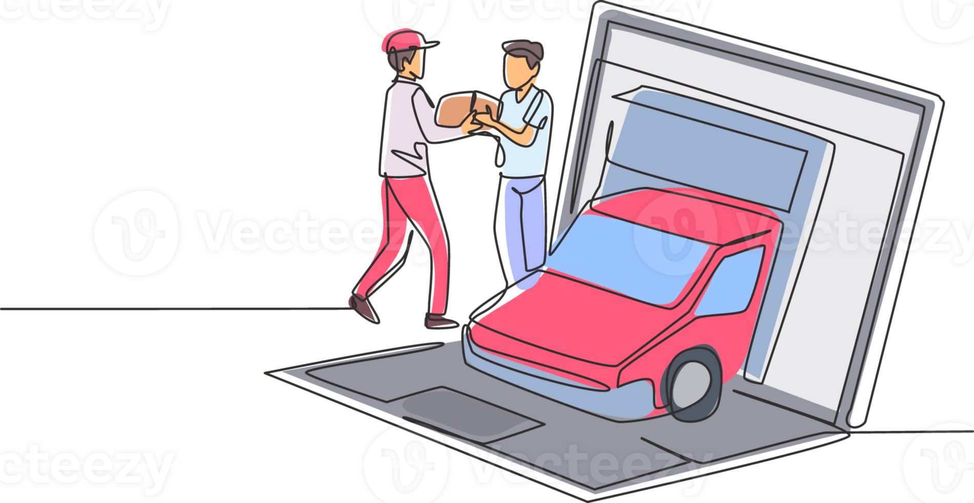 Single continuous line drawing delivery box car comes out partly from giant laptop screen and male courier gives package box to male customer. Dynamic one line draw graphic design illustration png