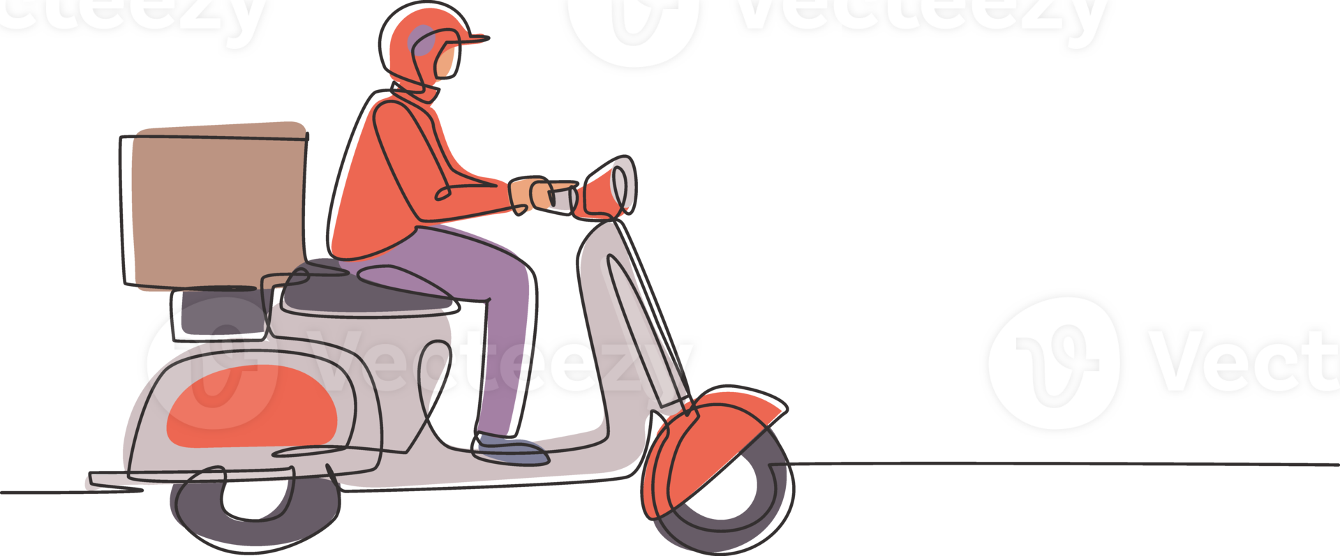 Single continuous line drawing courier riding scooter with box package. Online shopping. Online delivery service. Fast delivery parcel concept. Dynamic one line draw graphic design illustration png