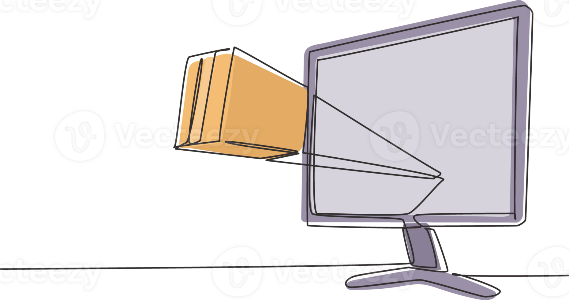Single one line drawing package box out of monitor screen. Online delivery web concept. Fast respond and package shipping to customer. Modern continuous line draw design graphic illustration png