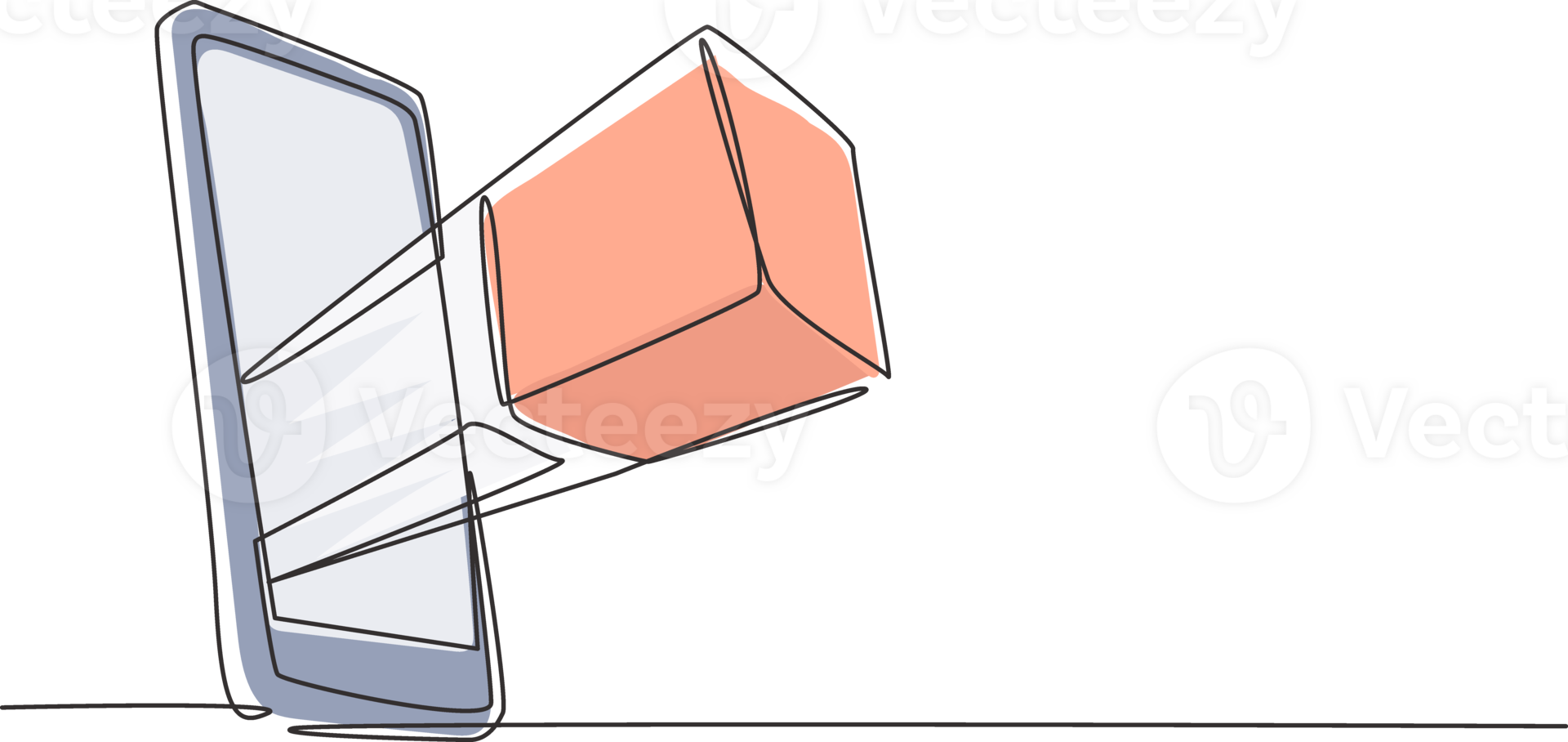 Single continuous line drawing package box out of smartphone screen. Online delivery phone concept. Fast respond delivery package shipping on mobile. One line draw graphic design illustration png