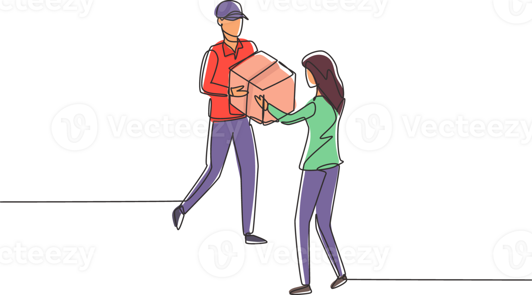 Single one line drawing courier gives package box to female customer. Online shopping. Online delivery service. Fast delivery parcel concept. Continuous line draw design graphic illustration png