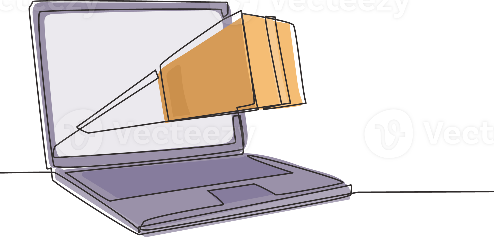 Continuous one line drawing package box out of large laptop screen. Online delivery website concept. Fast respond and package shipping to customer. Single line draw design graphic illustration png