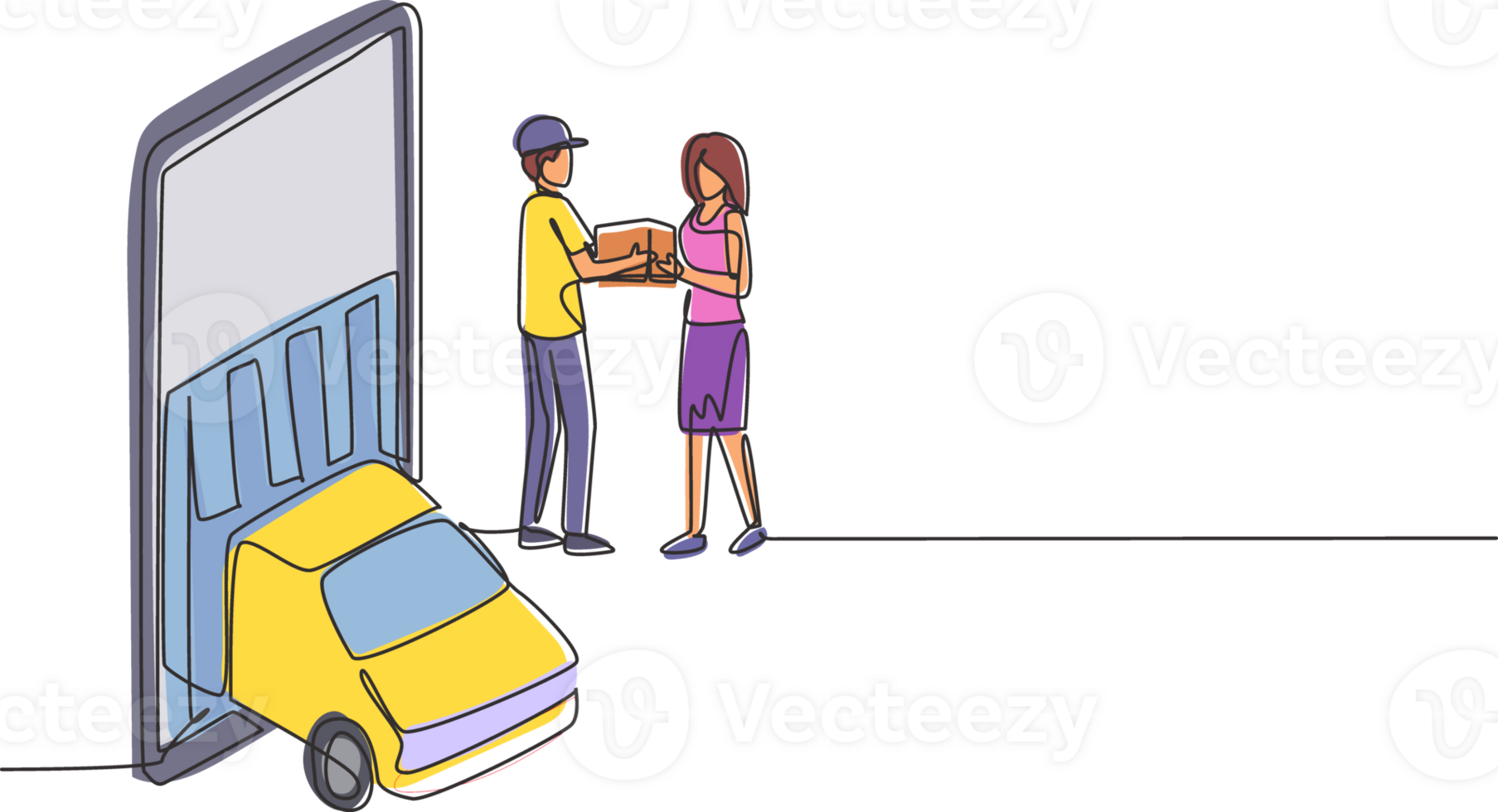 Continuous one line drawing delivery box car comes out partly from giant smartphone screen and male courier gives package box to female customer. Single line draw design graphic illustration png