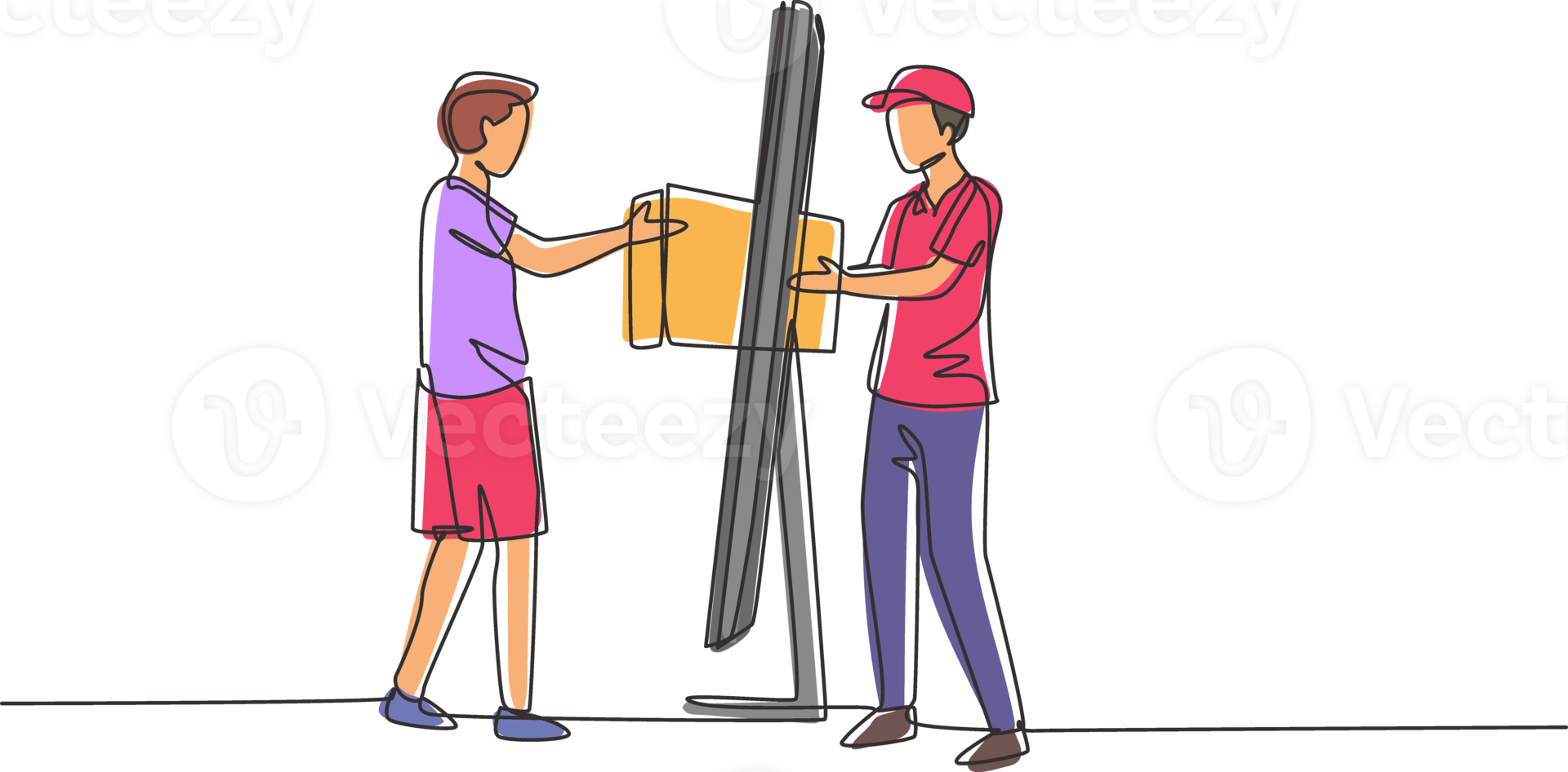 Single one line drawing male courier delivers box package, through monitor screen to male customer. Online delivery service concept. Modern continuous line draw design graphic illustration png