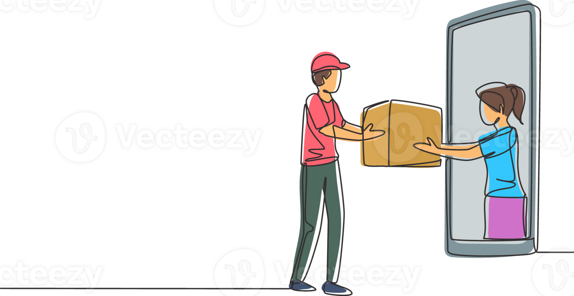 Continuous one line drawing female customer receives boxed package, through smartphone screen from male courier. Online delivery service concept. Single line draw design graphic illustration png